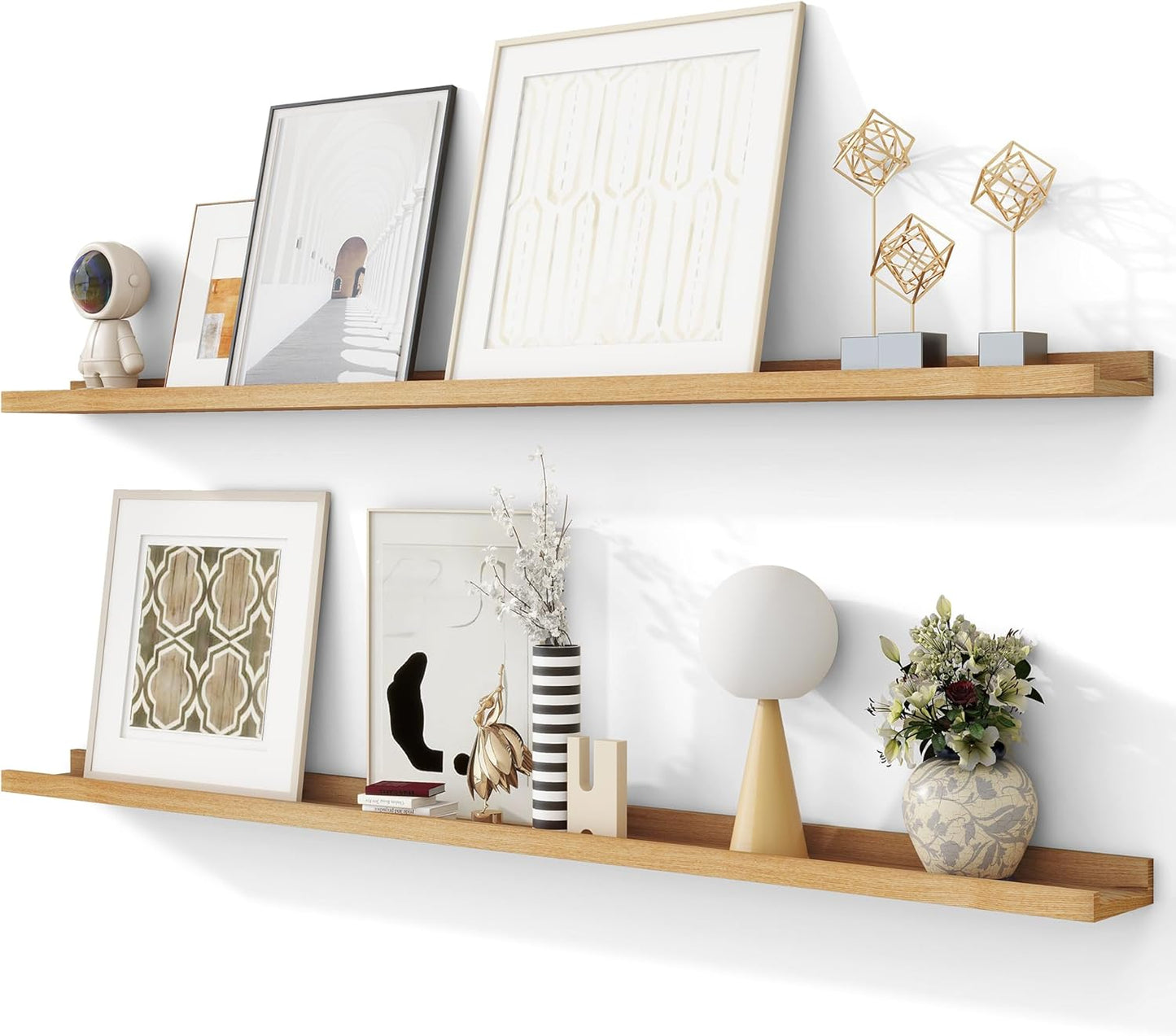 Solid Ash Wood Picture Ledge Shelf, Floating Shelves Set of 2, 56 Inch Long Large Ledge Shelves, Nursery Book Shelves Wall Mounted for Living Room Bedroom Kitchen Decor Kids Bookshelf, Natural