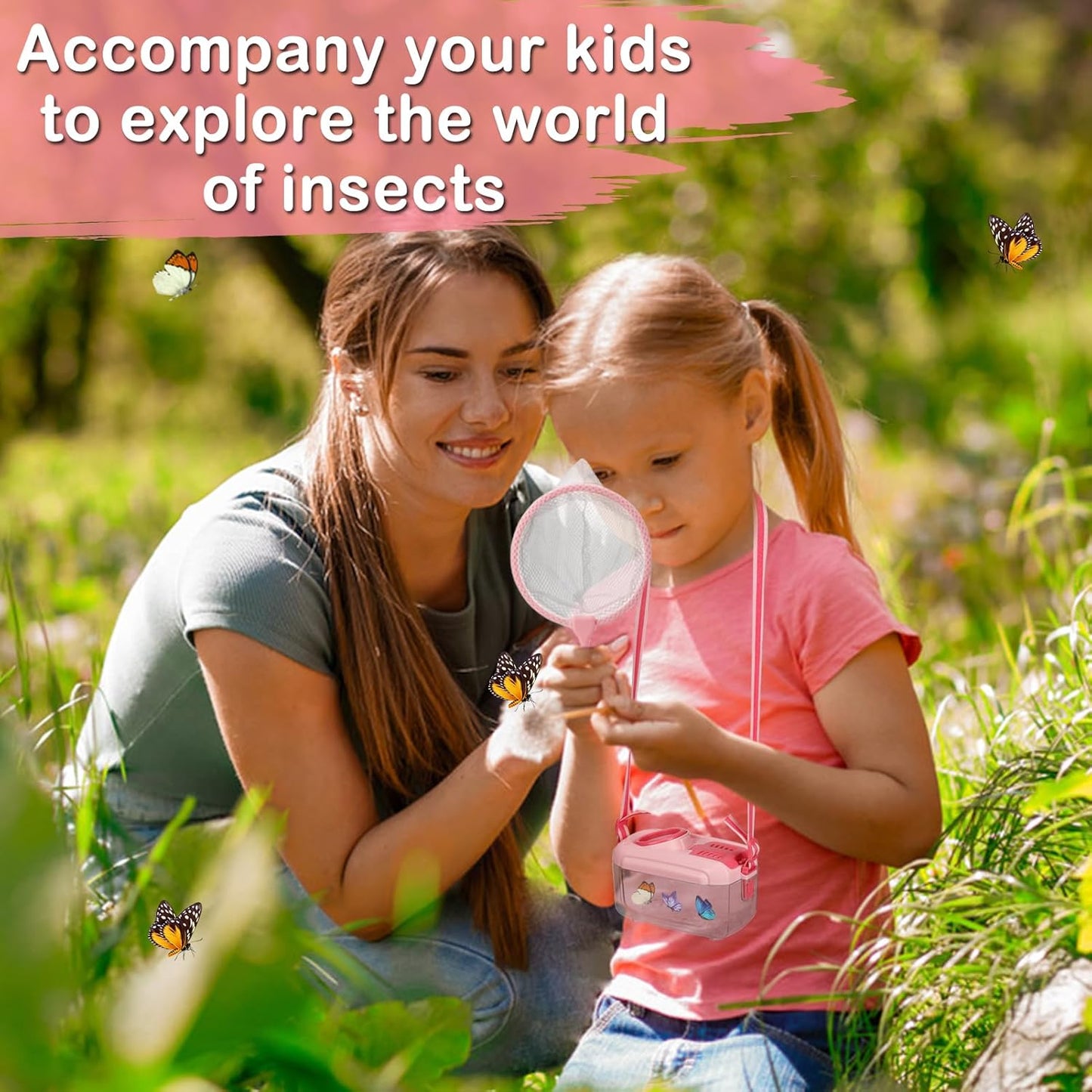 2Sets Bug Catcher for Kids- Sturdy Kids Bug Catching Kit Gifts with Collector Butterfly Net Tweezer, Bugs Habitat Outdoor Explorer Kit for Age 3 4 5 6 7 8, 8Pcs, Pink