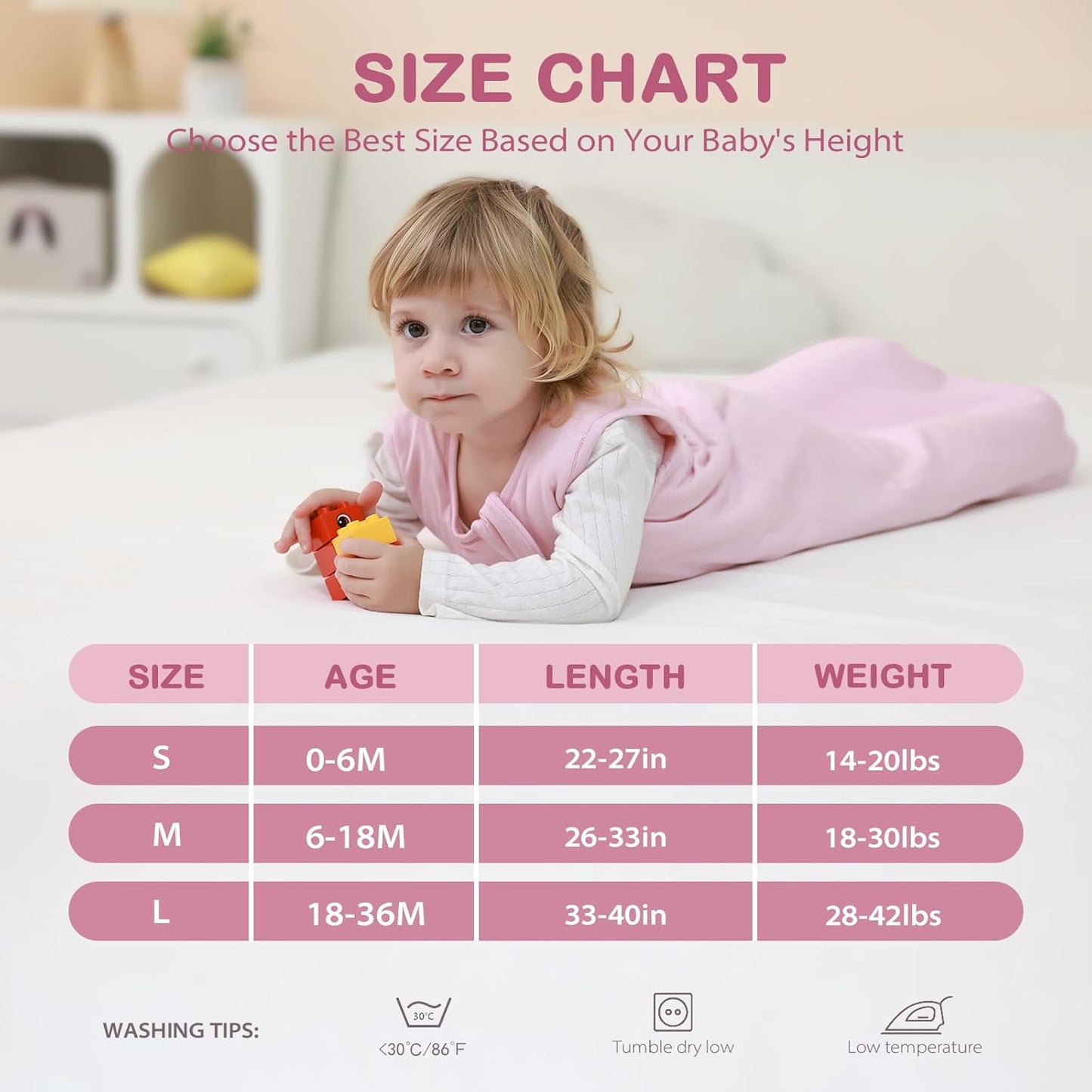 Mosebears Unisex Baby Sleep Sack 1.0 TOG, Supersoft Rayon Made from Bamboo Wearable Blanket with 2-Way Zipper (Blush,18-36 Months)