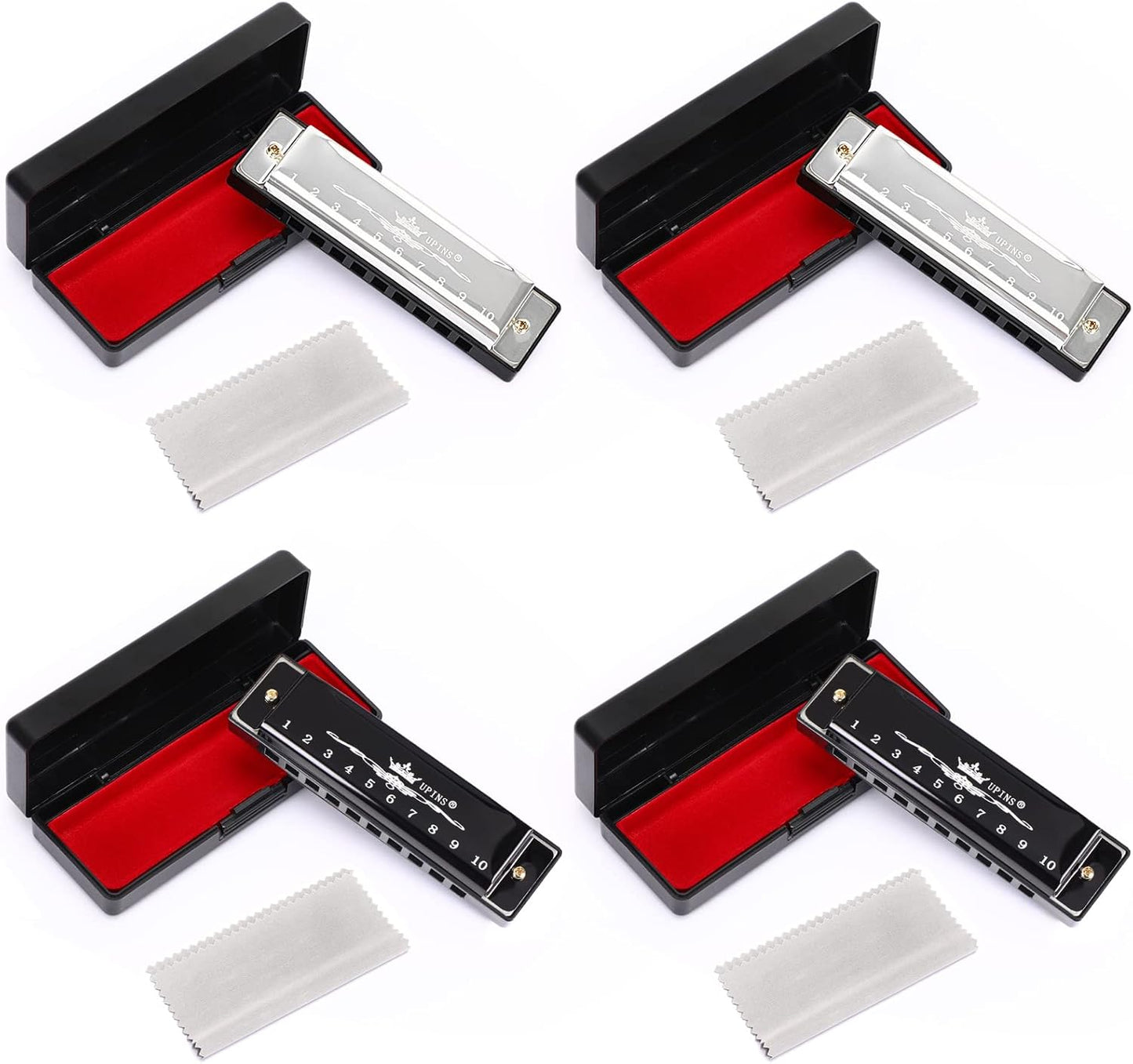 UPINS Harmonica, 4PCS Key of C Blues 10 Hole 20 Tones Titanium Color Harmonica with Case Cleaning Cloth for Beginner (Black, Silvery)
