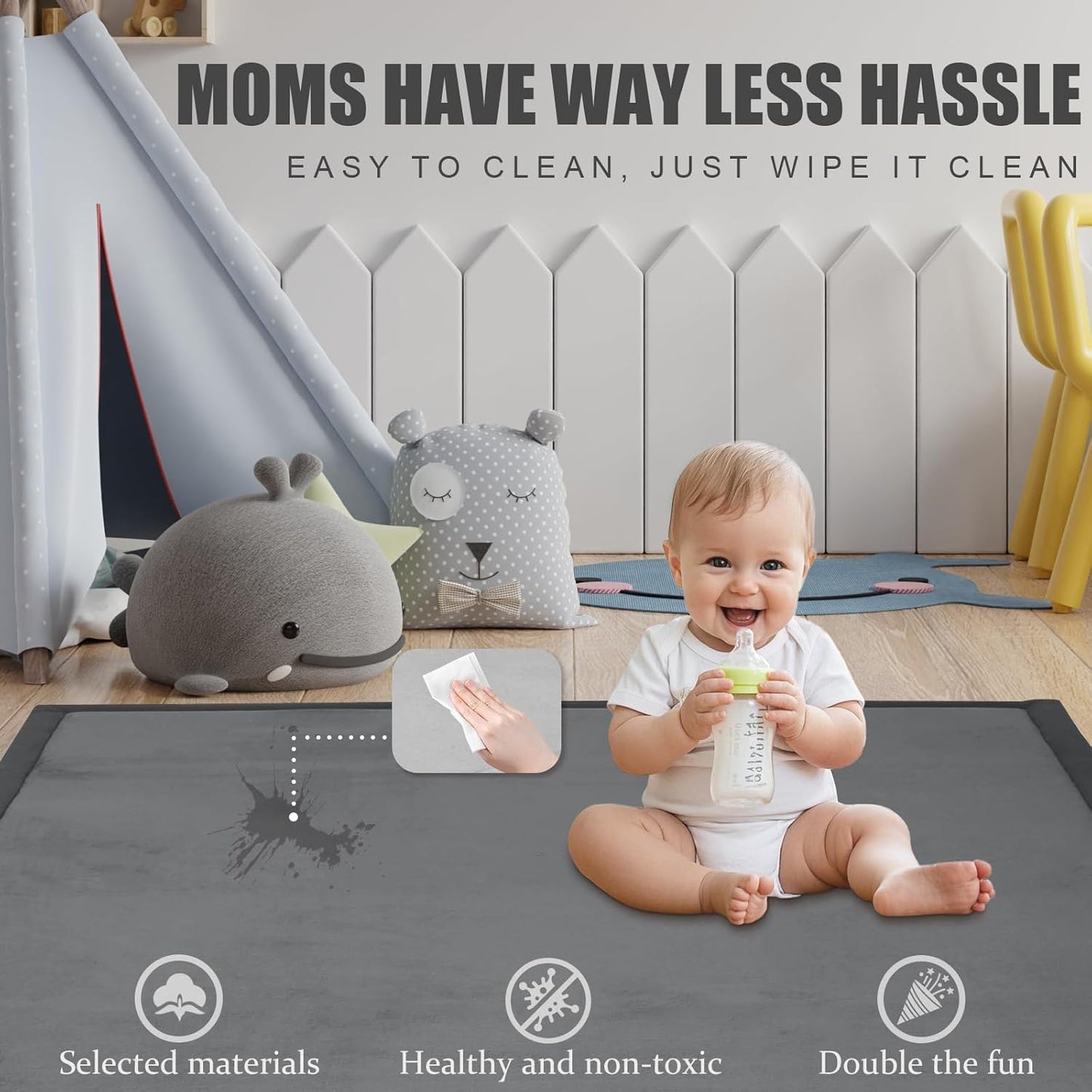 Baby Play Mat for Floor, 1.3" Thick Memory Foam Muscle Playpen Cushion, Soft Coral Velvet Tummy Time Mat with Non-Slip Backing, Water Repellent Child Nursery Rug for Toddlers, Kids (Dark Grey, 39X59)