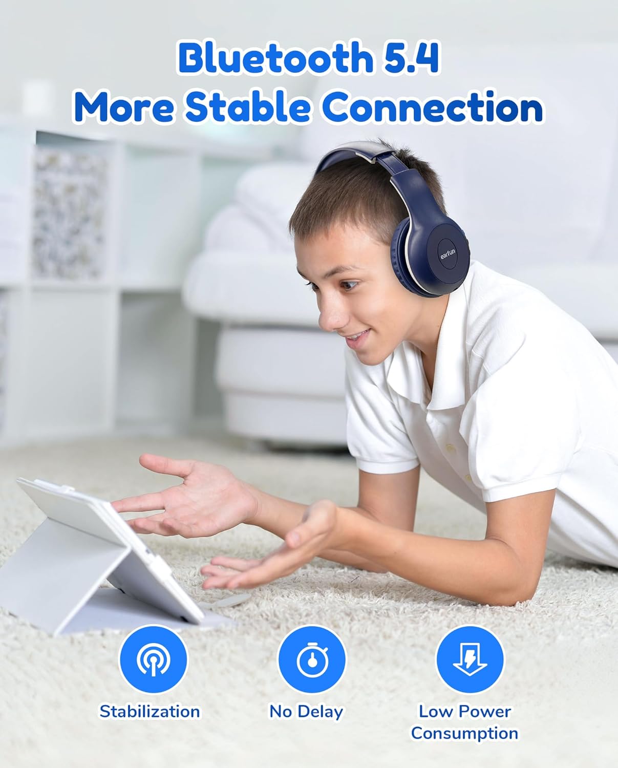EarFun K2 Kids Bluetooth Headphones, Kids Headphones with Volume Limited, 40H Playtime, Built-in Mic, Stereo Sound, Foldable Over-Ear Headphone for School/Travel/iPad/Tablet, Blue