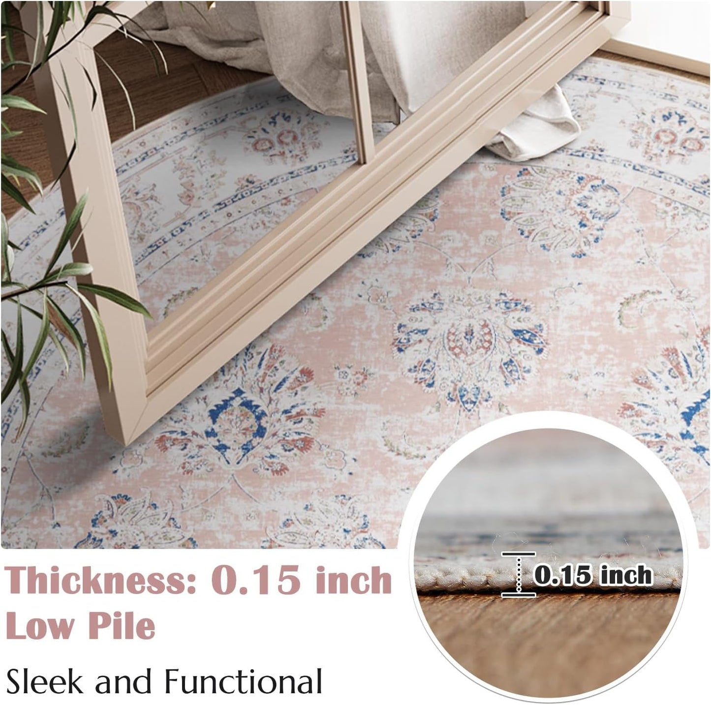 jinchan Round Rug 4ft Area Rugs Vintage Floral Distressed Design - Machine Washable Non-Slip Low-Pile Ultra-Thin Circle Rug for Entryway Bedside Living Room Dining Room Bedroom (4' Round,Pink)