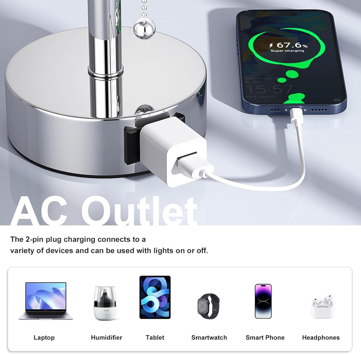 White Silver Bedside Table Lamps Set of 2-3 Color Temperatures Pull Chain Lamp with AC Outlet Charging Port, Two Round Night Stand Lamps for Bedroom, Small Bed Side Light with E26 LED Bulbs