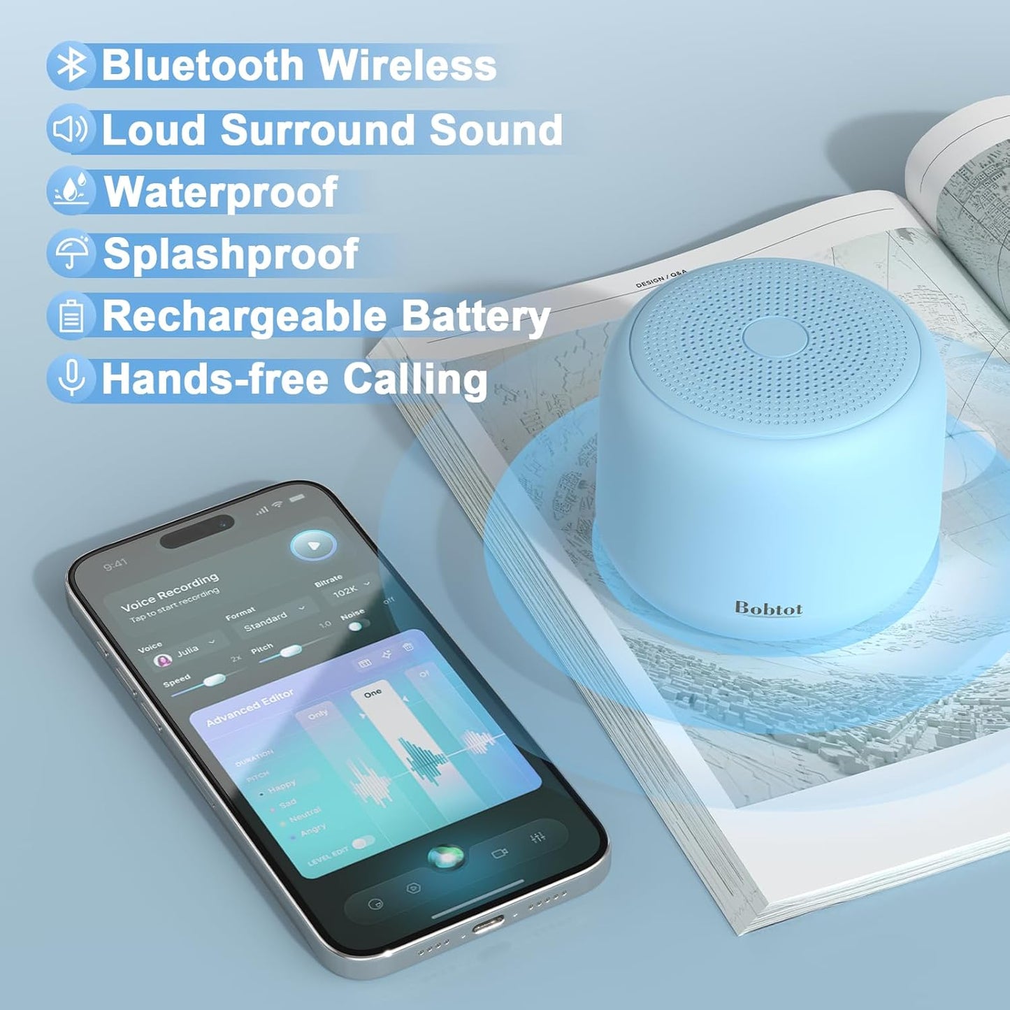 Bobtot Portable Bluetooth Speakers with Strap Easy to Carry, Wireless IPX5 Waterproof Mini Speaker with Loud Stereo Sound, 20 Hours Playtime, Rechargeable Battery, Built-in Microphone, Blue