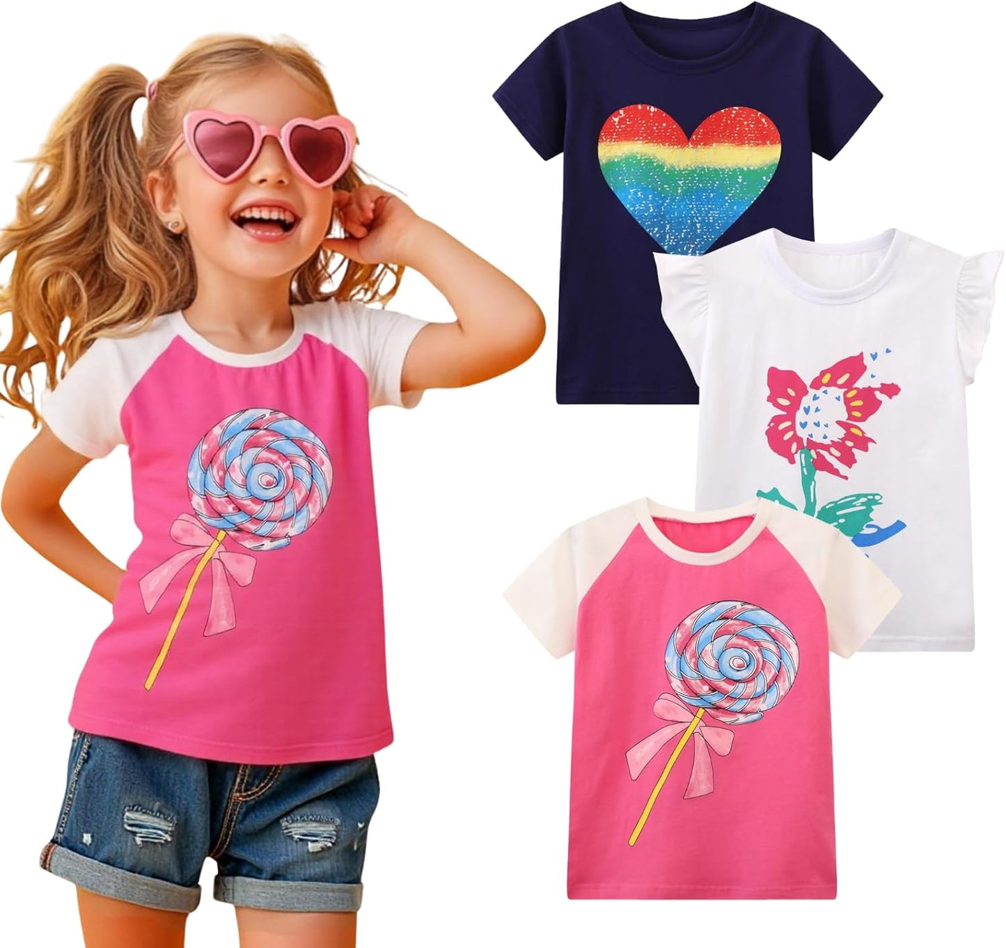 HILEELANG Girls' Tees Ruffle Short Sleeve T-Shirt Cotton Casual Graphic Summer Crewneck Tunic Tops