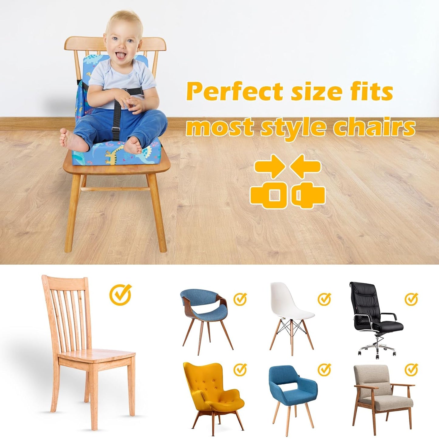 Toddler Booster Seat for Dining Table, 12.6x3.34 Inch Portable High Chair for Travel, Compact Lightweight With Adjustable Straps for Baby (Dinosaur)