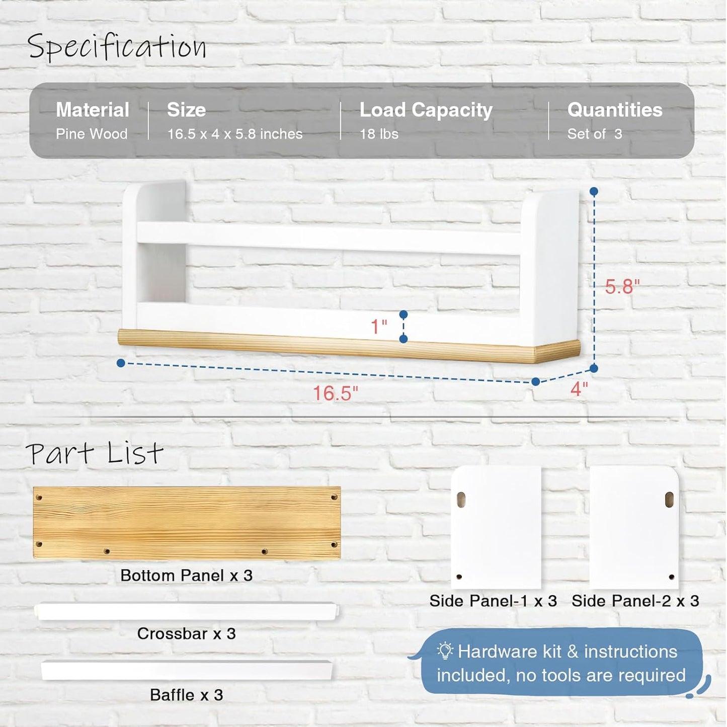 Upgraded Floating Nursery Book Shelves for Wall, White and Natural Kids Bookshelf Wall Mounted, Wood Baby Toddler Children Hanging Bookshelves for Kids Room Bedroom - Set of 3