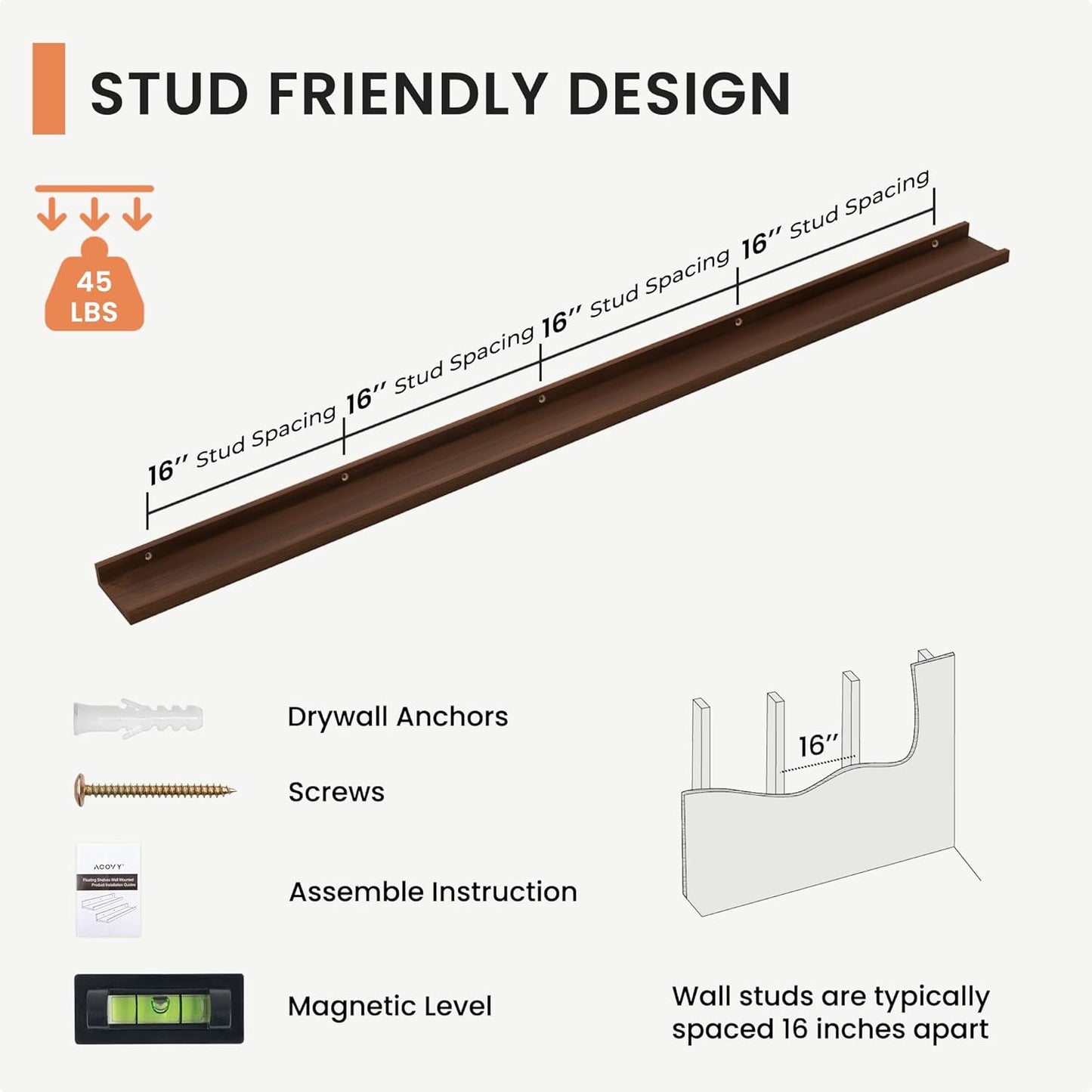 Picture Ledge Shelf, 72 inch Solid Ash Wood Floating Shelves Set of 2, Picture Ledge Photo Ledge Wall Mounted for Living Room Kids' Room Bedroom, Color Walnut