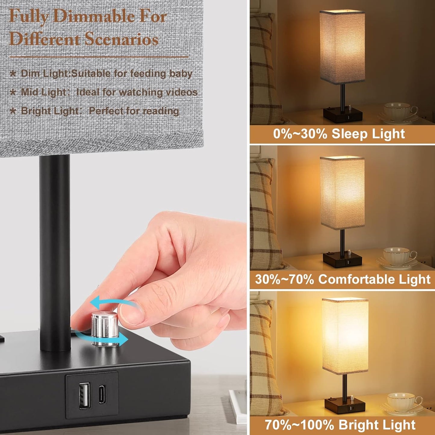 Gray Fully Dimmable Nightstand Lamps Set of 2 - Table Bedside Lamp with USB C+A Charging Ports & 2 AC Outlets, Square Lamp Sets Linen Fabric Shade for Bedroom Living Room(Bulb Included)