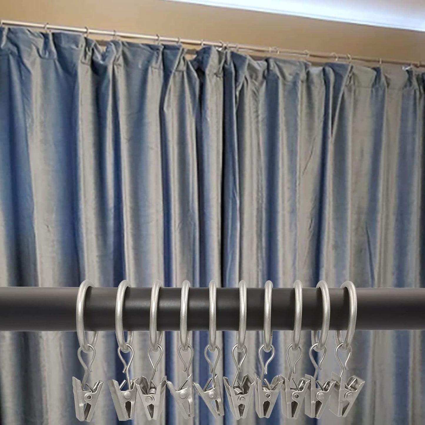 100 Pack Matte Silver Curtain Rings with Clips, Curtain Hooks Hangers Clip Rings for Hanging Drapes Bows Hat, Drapery Rings 1 in I D, Fits up to 5/8 in Diameter Curtain Rod.
