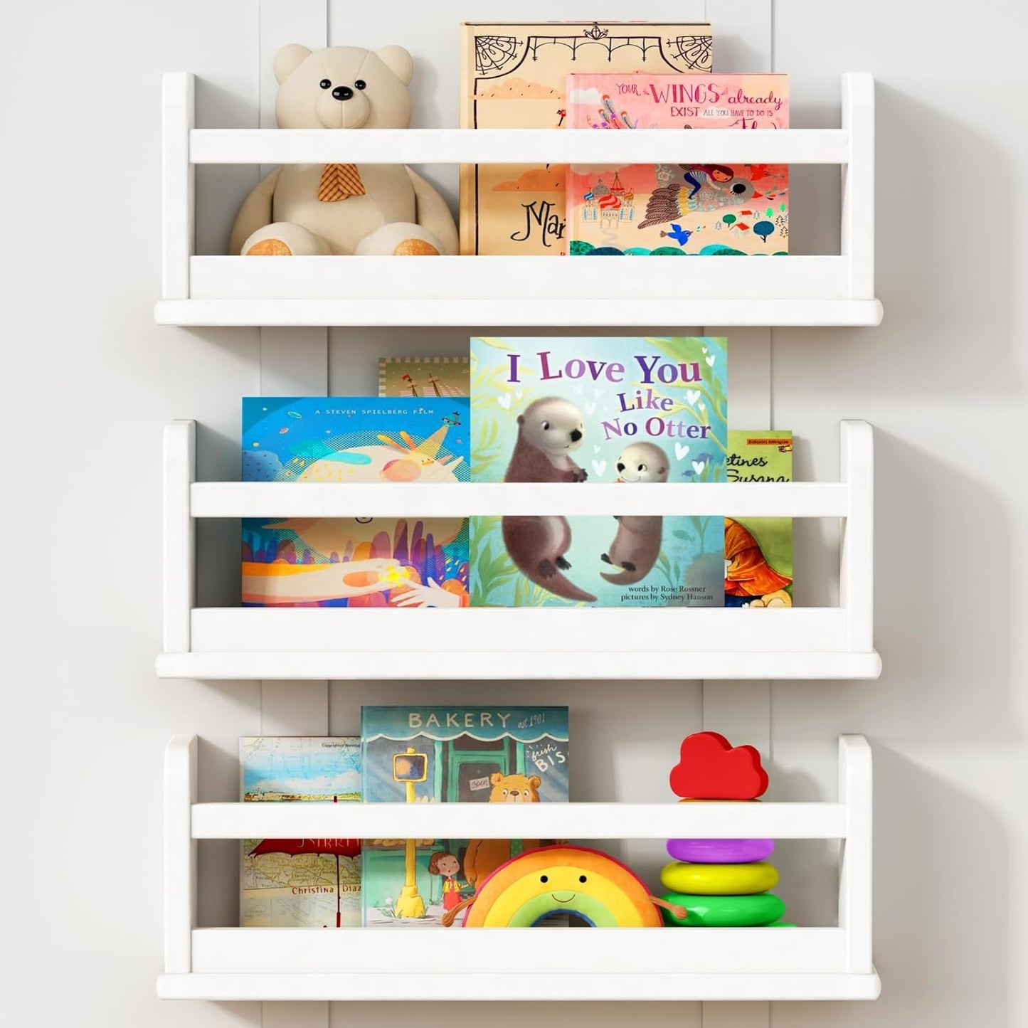 Upgraded White Nursery Book Shelves for Wall, Floating Kids Bookshelf Wall Mounted, Wood Baby Girls Boys Toddler Children Hanging Bookshelves for Kids Room Bedroom Playroom- Set of 3