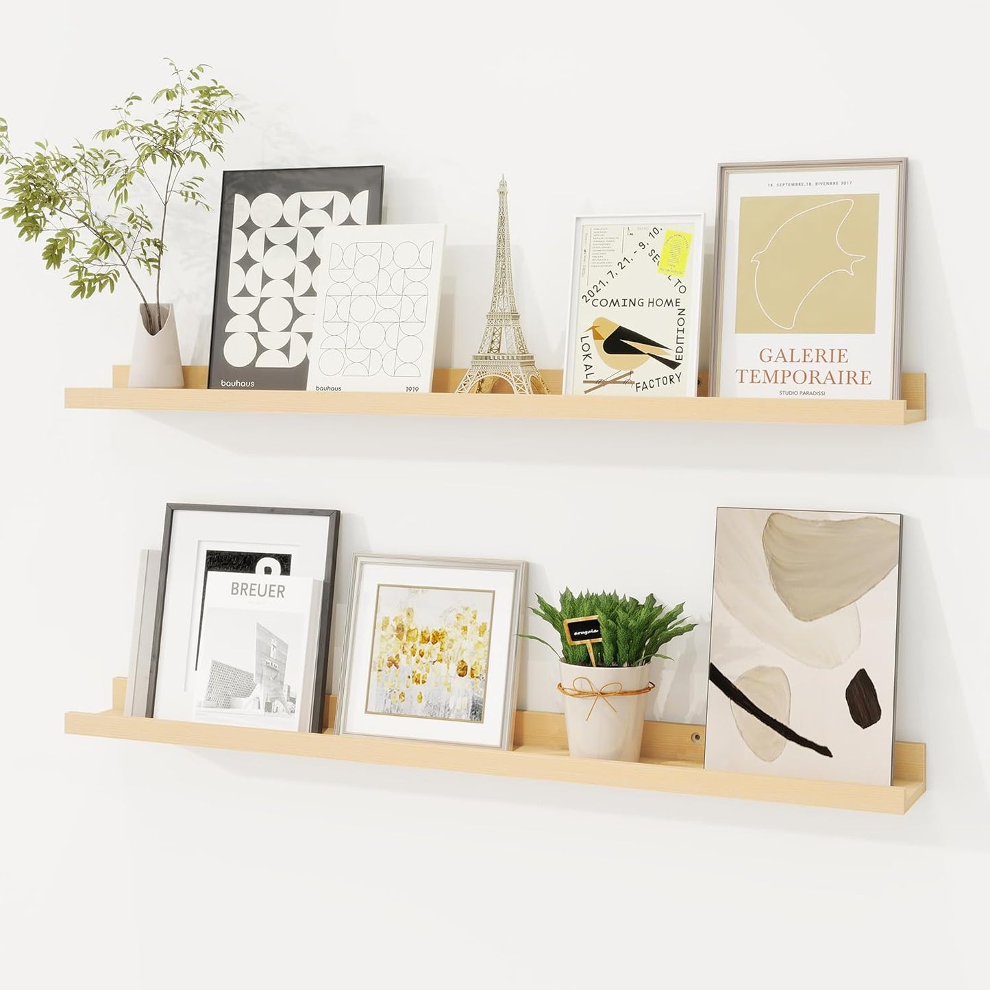 Picture Ledge Shelf, Solid Pine Wood Floating Shelves Set of 2, 32 Inches Nursery Book Shelves for Toys Storage, Kids Bookshelf Wall Mounted for Living Room Decor Photo Frames, Unfinished Natural