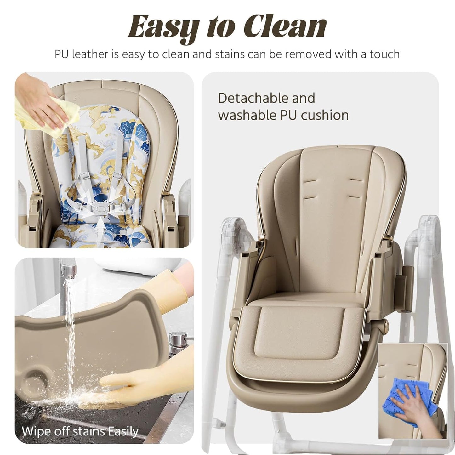 Multi Functional All in 1 Baby High Chair Swings for Infants Foldable Rocking 8 Level Height Adjustment Eco Friendly Washable PU Cushion Ultimate Baby Feeding Chair (Brown)