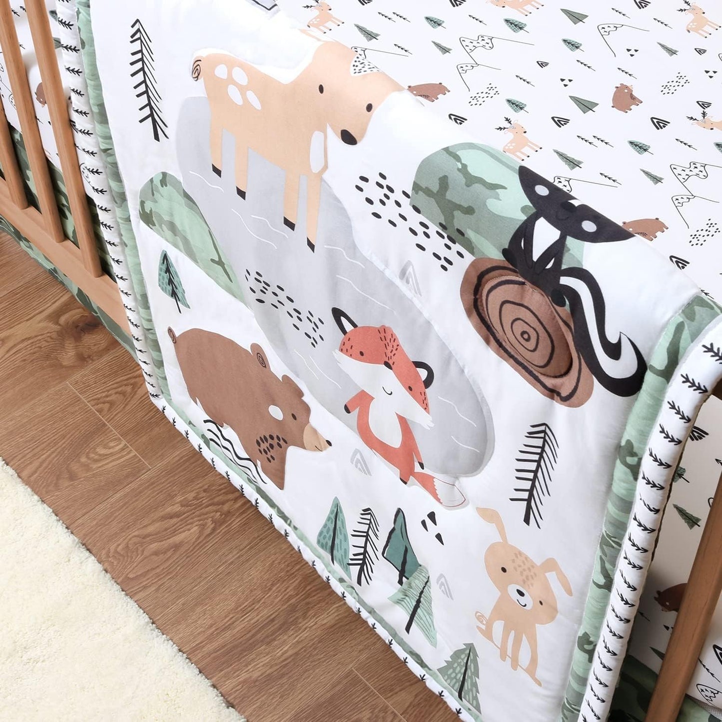 The Peanutshell 3 Piece Baby Crib Bedding Set for Boys - Newborn, Infant & Toddler Nursery Bed Set Decor with Fitted Crib Sheet, Dust Ruffle Comforter - Woodland Camo