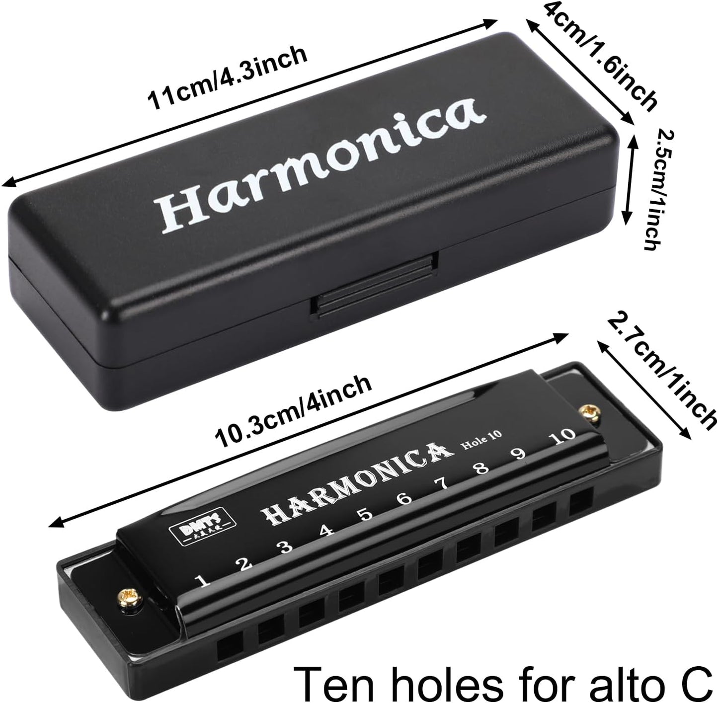 UPINS Harmonica, 4PCS Key of C 10 Hole 10 Tones Titanium Color Harmonica with Case for Beginner(Black)