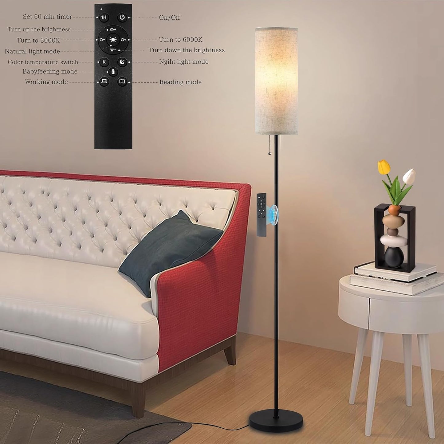 Floor Lamp for Living Room, Modern Standing Lamps with Lampshade, Minimalist Tall Lamp with Chain Switch for Living Room, LED Bulb Included (Beige Shade-Remote Bulb)