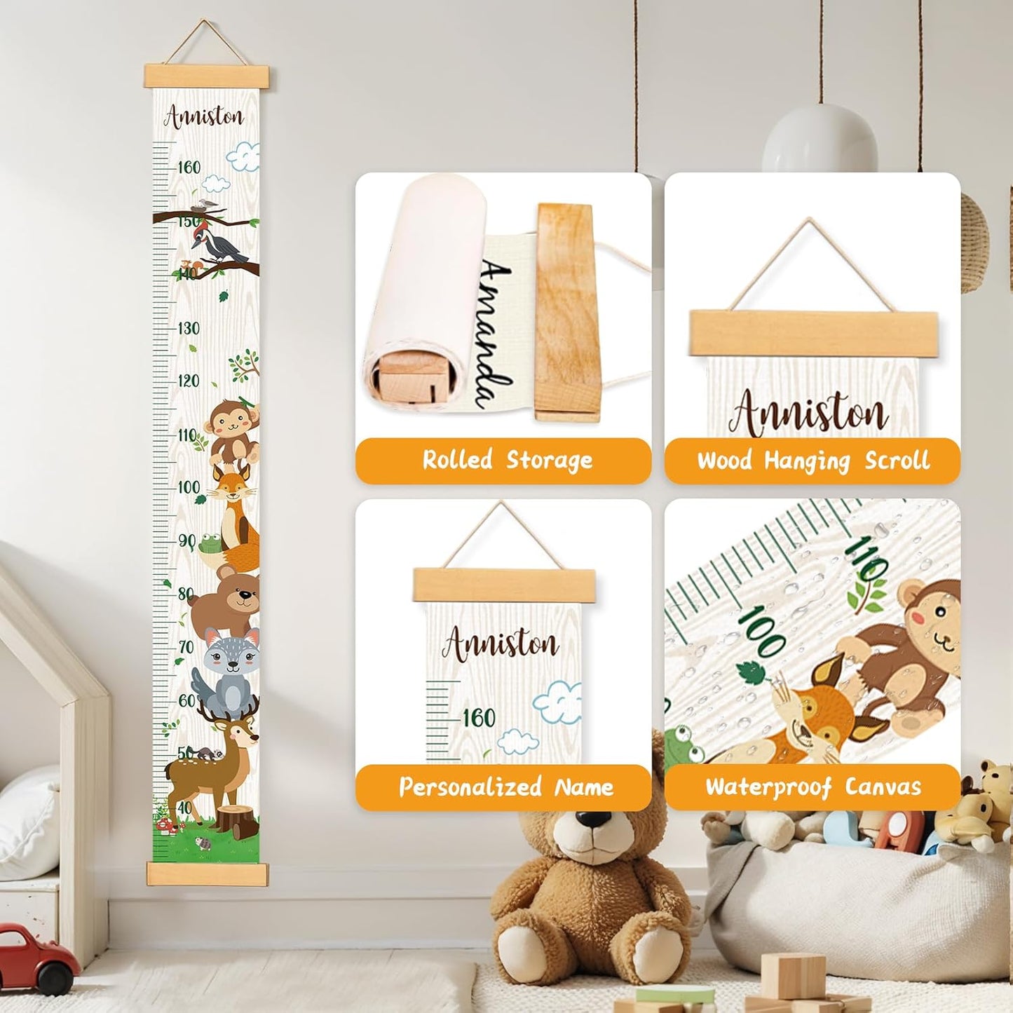 Personalized Name Growth Chart Wall Decor for Kids – Canvas Removable Height Chart Measuring Ruler 59" x 7.9" (Zoo）