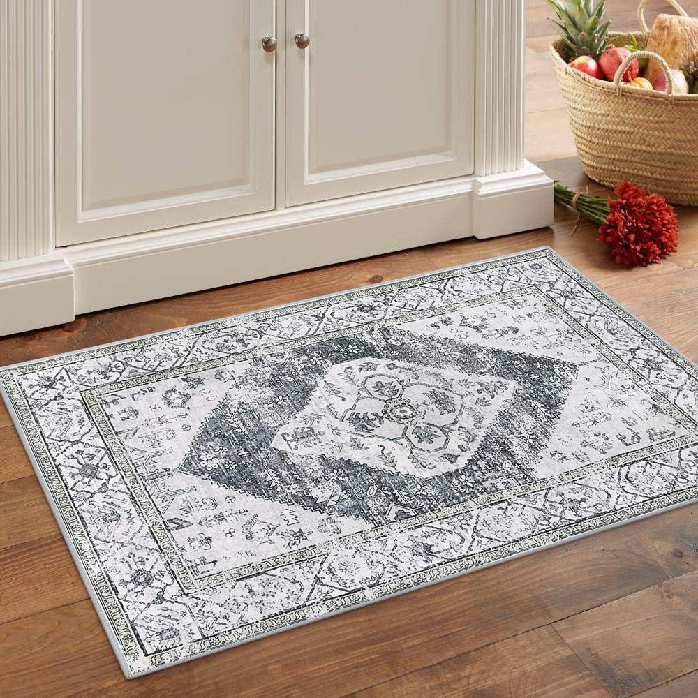 Lahome Boho Washable Rugs for Entryway - 2x3 Small Non-Slip Kitchen Rug Throw Lightweight Area Rugs for Bedroom Grey Print Oriental Distressed Bathroom Mat Floor Doormat Carpet for Laundry Living Room