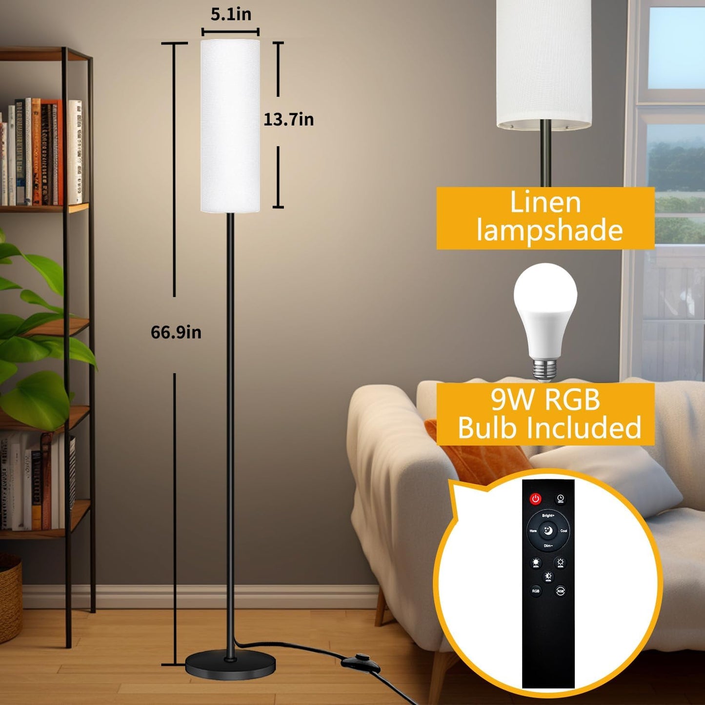 Smart LED Floor Lamp with APP Control & RGB Colors - Dimmable Standing Lamp for Living Room, Bedroom, Gaming - Remote, Timer, 9W Bulb Included, 67" Modern Tall Lamp (White)
