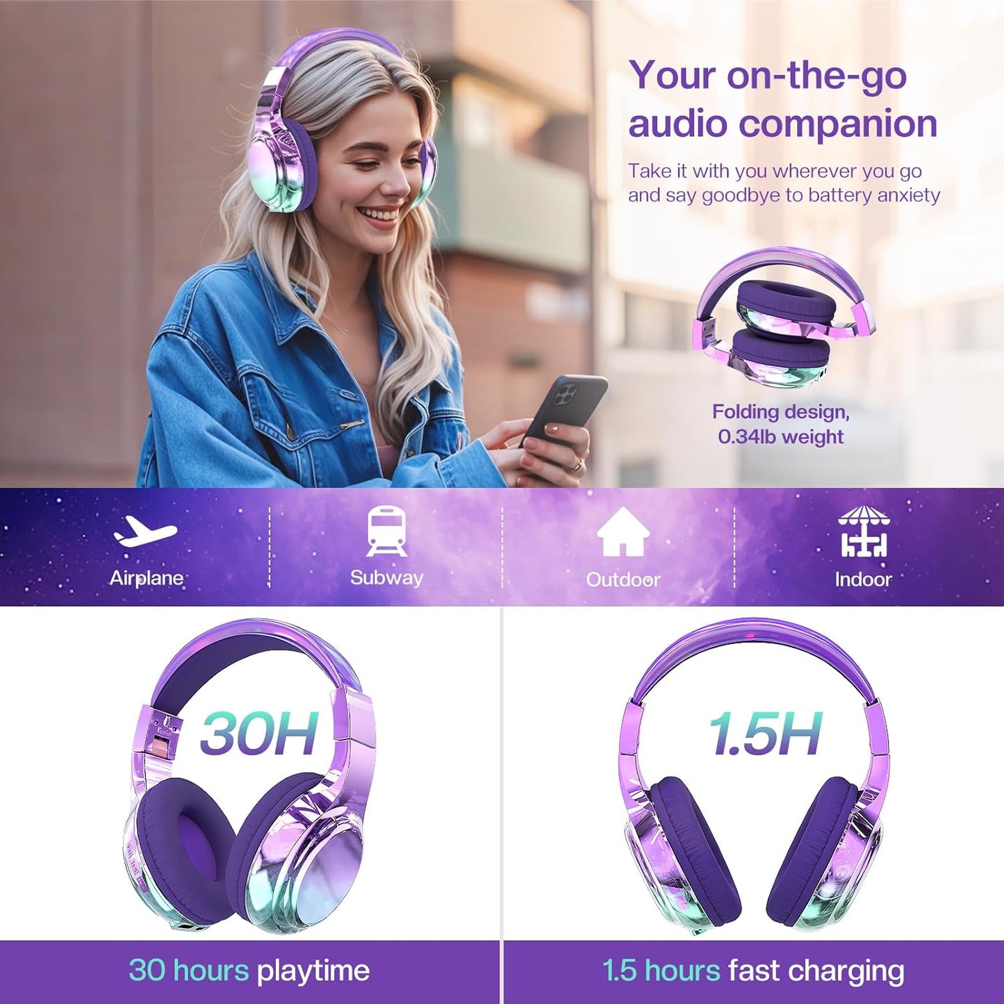 QearFun Kids Bluetooth 5.3 Headphones, Wireless Metallic Gradient Headset, Lightweight Foldable On Ear Headphones with Aux Cord, Fast Charging, Built-in Mic, for School/Travel/Tablet/iPad