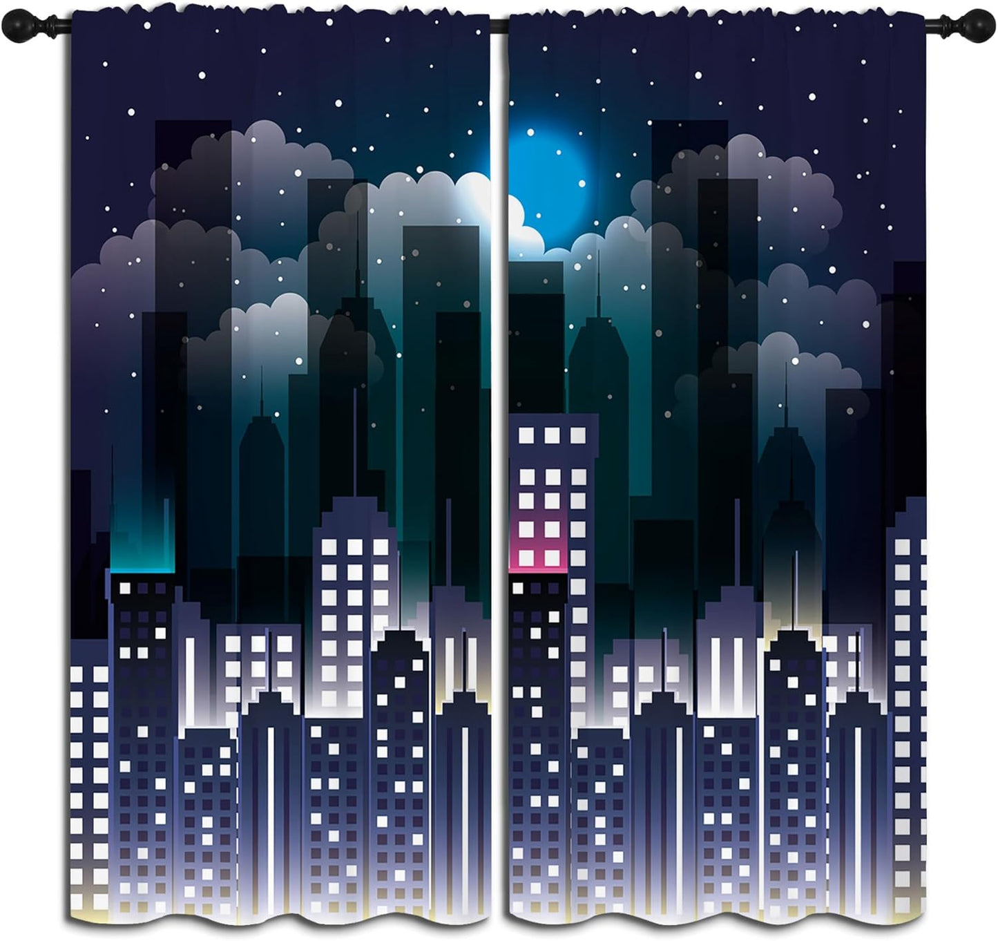 Superhero Rod Pocket Blackout Curtains for Boy Girl Bedroom, Violet Night Sky Buildings Cityscape Thermal Insulated Home Window Drapes for Living Room Darkening, 42x45 inch
