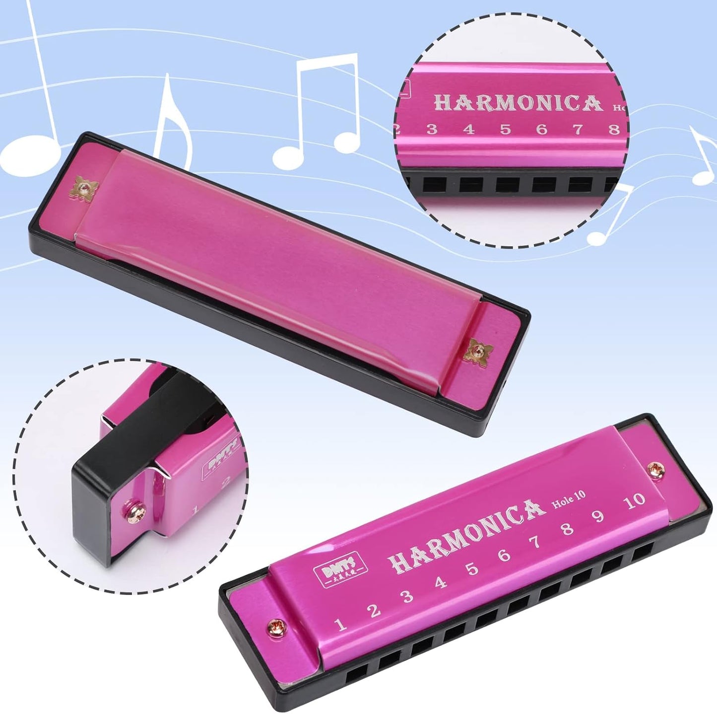 UPINS Harmonica, 4PCS Key of C 10 Hole 10 Tones Titanium Color Harmonica with Case for Beginner Students (Pink, Blue)