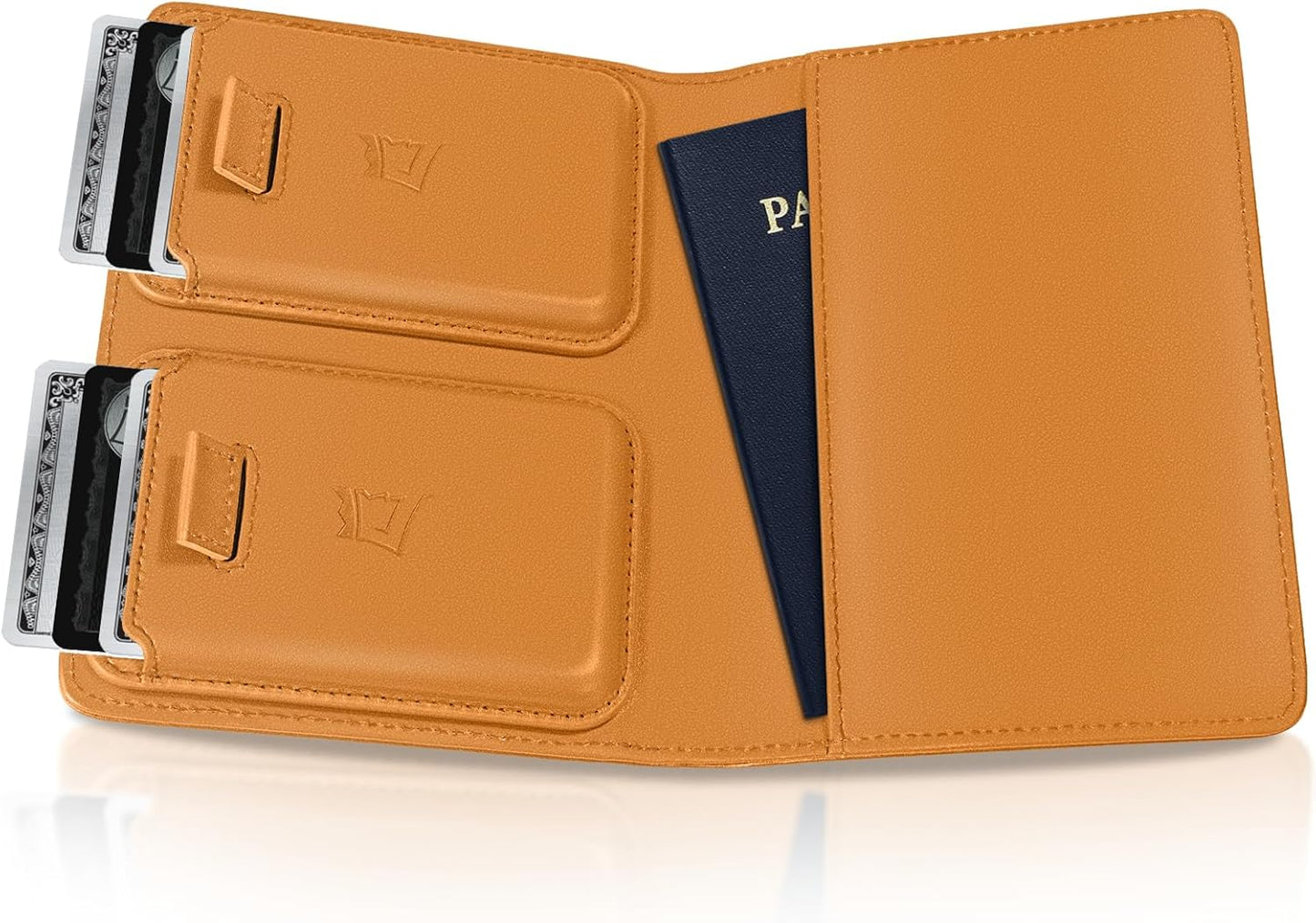 Kings Loot Passport Holder Wallet | RFID Blocking Leather Travel Wallet with Built-in Airtag Holder | Holds 1-6 Cards & Passport | Easy Pull Tab | Travel Wallets (Cognac)