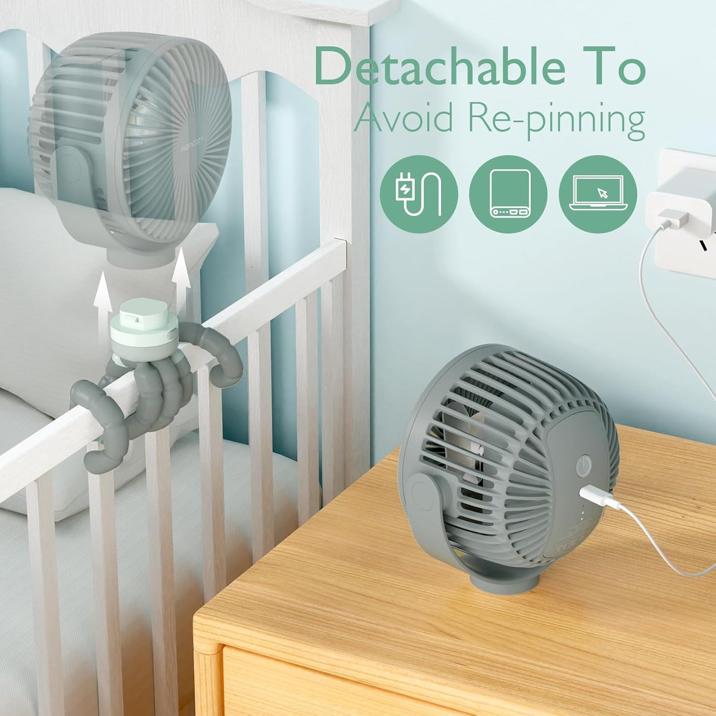 Momcozy 8000mAh Portable Stroller Fan, 27H Ultra-long Life Detachable 4 Speed 360°Rotate LED Night Light with 2 Modes, USB Rechargeable Handheld Cooling Fan for Travel/Bedroom/Car Seat