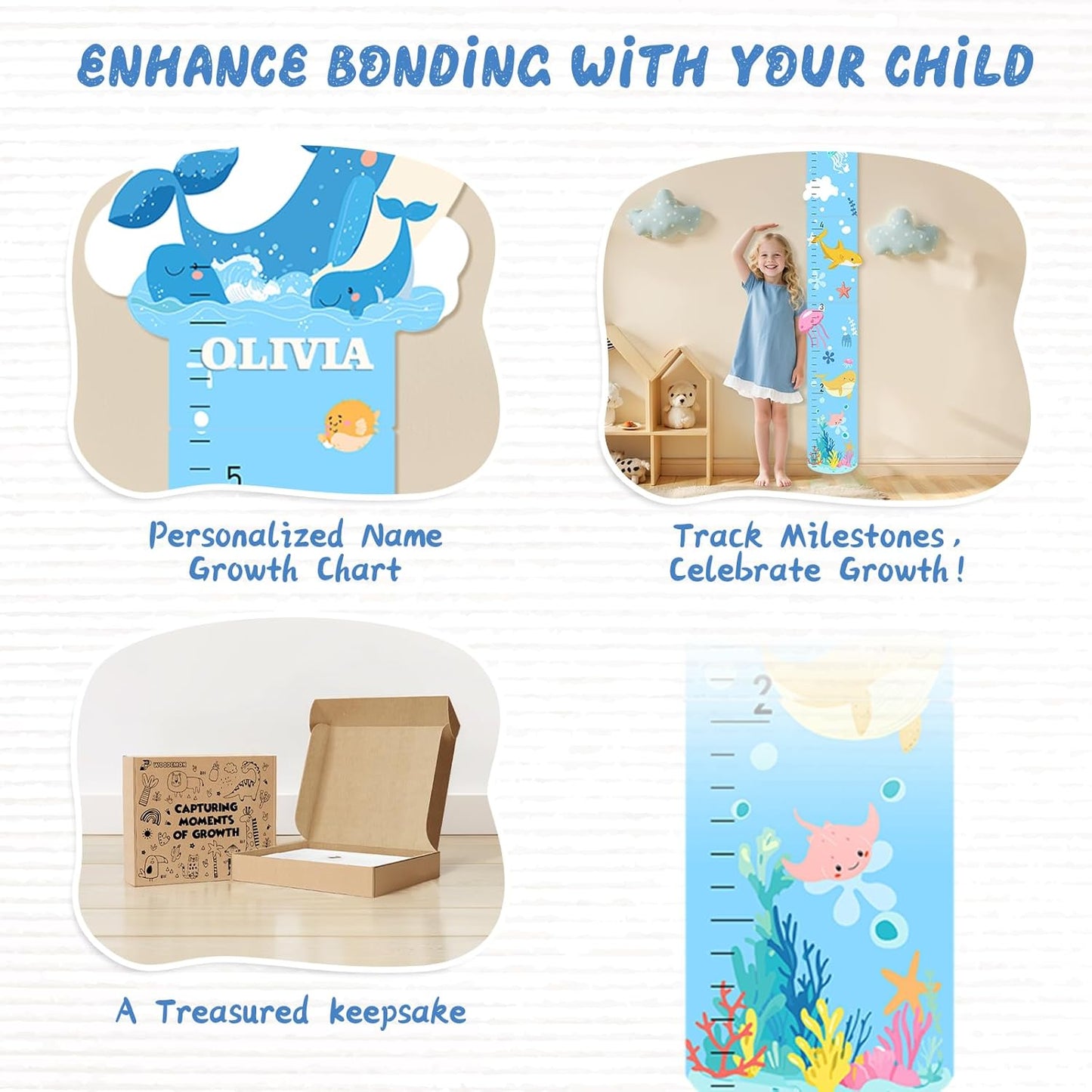 Personalized Name Marine Animals Wooden Growth Chart for Kids-Height Measurement for Wall Girls Boys Teen Room Wall Decor 62.7" x 14"