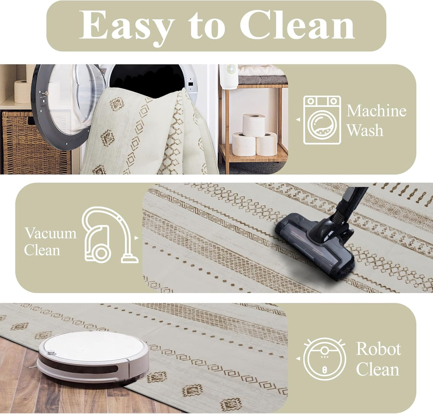 Washable Area Rugs 8x10, Large Rugs for Living Room, Carpet for Bedroom, Boho Soft Faux Wool Retro Dining Room (Beige) Rug, Non-Slip Backing Resistant Low Pile Vintage Print Rug for Home Office