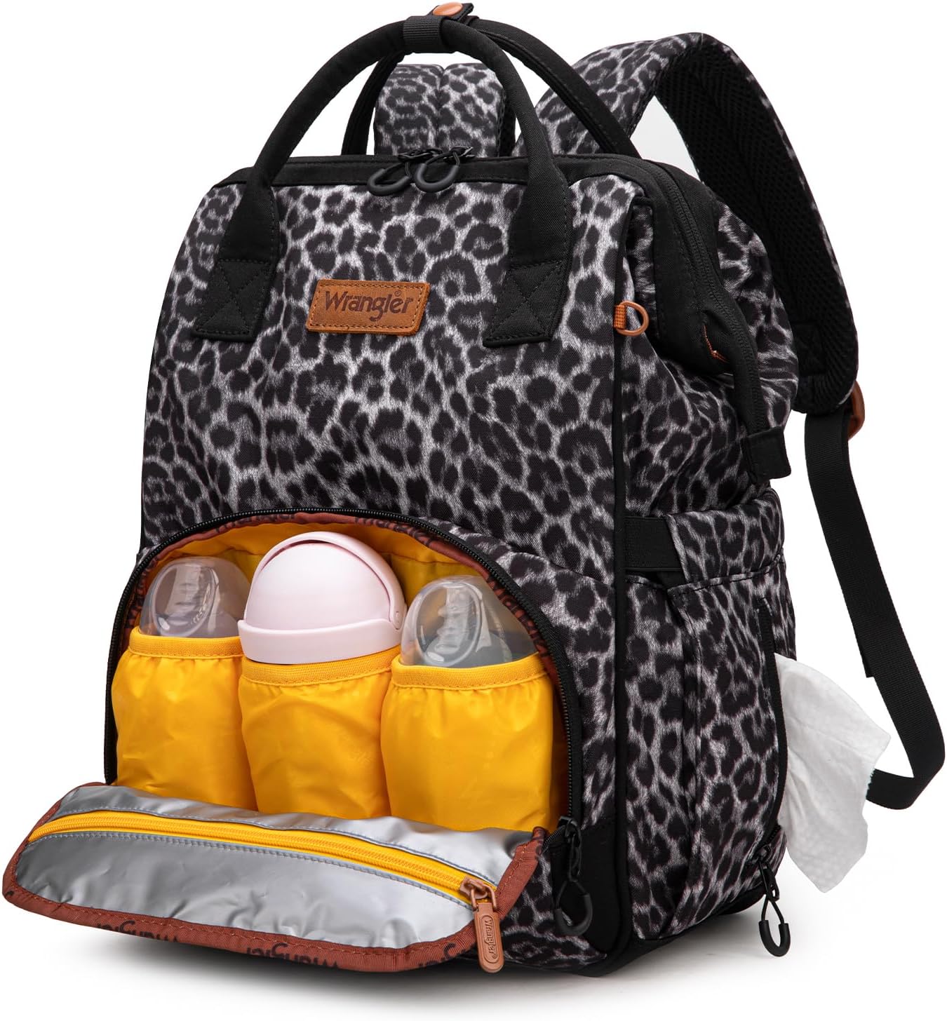 Wrangler Leopard Print Backpack Multifunction Baby Travel Bag with Changing Pad, Stroller Straps and Pacifier Case WG2204-91103LP-BK