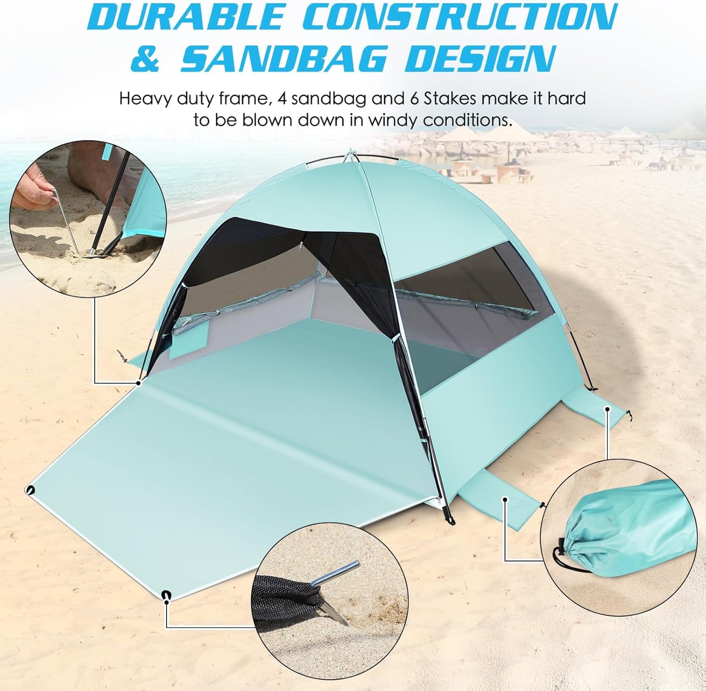 Large Easy Setup Beach Tent,Anti-UV Beach Shade Beach Canopy Tent Sun Shade with Extended Floor & 3 Mesh Roll Up Windows Fits 3-4 Person,Portable Shade Tent for Outdoor Camping Fishing (Mint Green)
