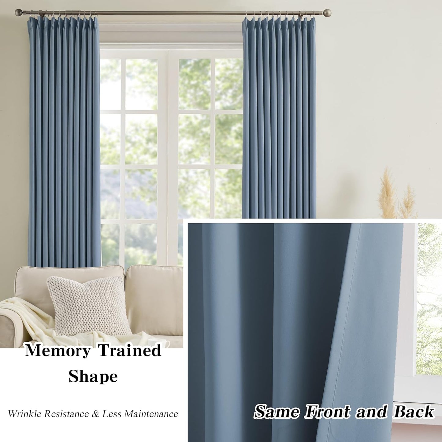 Slate Blue Blackout Curtains 90 Inches Long, Pinch Pleat with Hooks, Black Out Drapes Thermal Insulated Modern Elegant Greyish Blue Darkening Window Curtain Panels for Kids Nursery 40X90-in