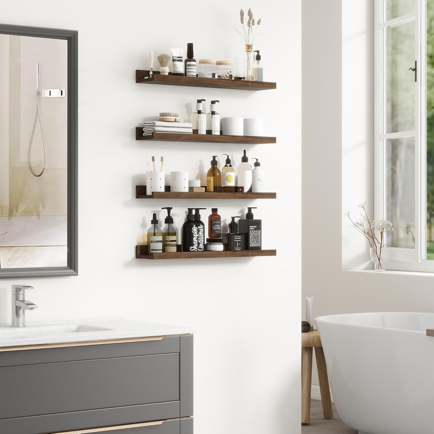 Picture Ledge Shelf - 24 Inches Floating Shelves Set of 2 - Rustic Elm Wood Ledge Shelves for Toys Storage, Kids Bookshelf Wall Mounted for Bedroom, Living Room, Kitchen - 24 Inches - Walnut Color