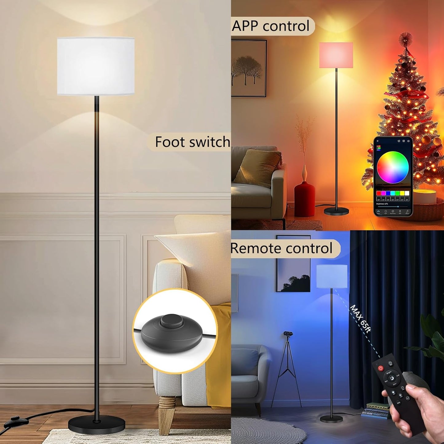 Smart LED Floor Lamp with APP Control & RGB Colors - Dimmable Standing Lamp for Living Room, Bedroom, Gaming - Remote, Timer, 9W Bulb Included, 60.6" Modern Tall Lamp (White)