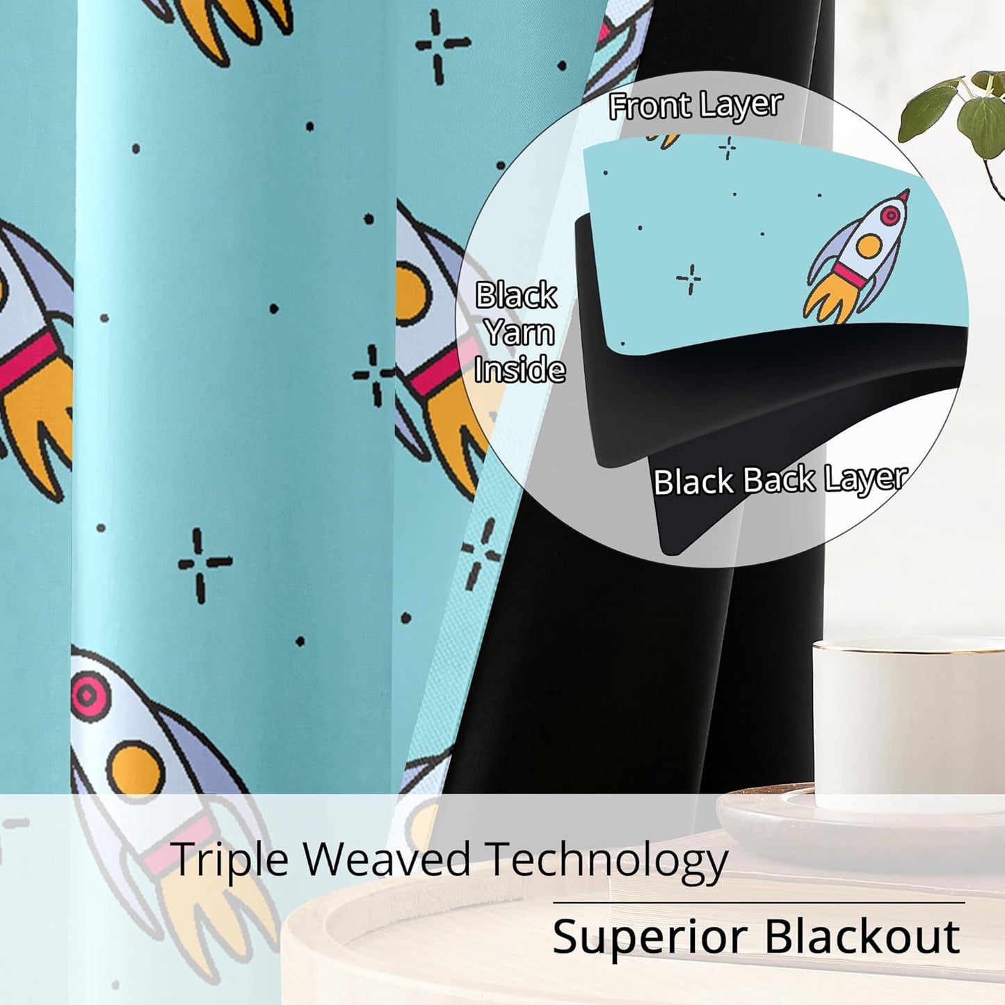 Kids Space Rockets Blackout Curtains - 100% Blackout, Thermal Insulated, Noise Reducing, Perfect for Kids Room and Nursery, 2 Panels (Aqua Mini Rockets, W52×L84)