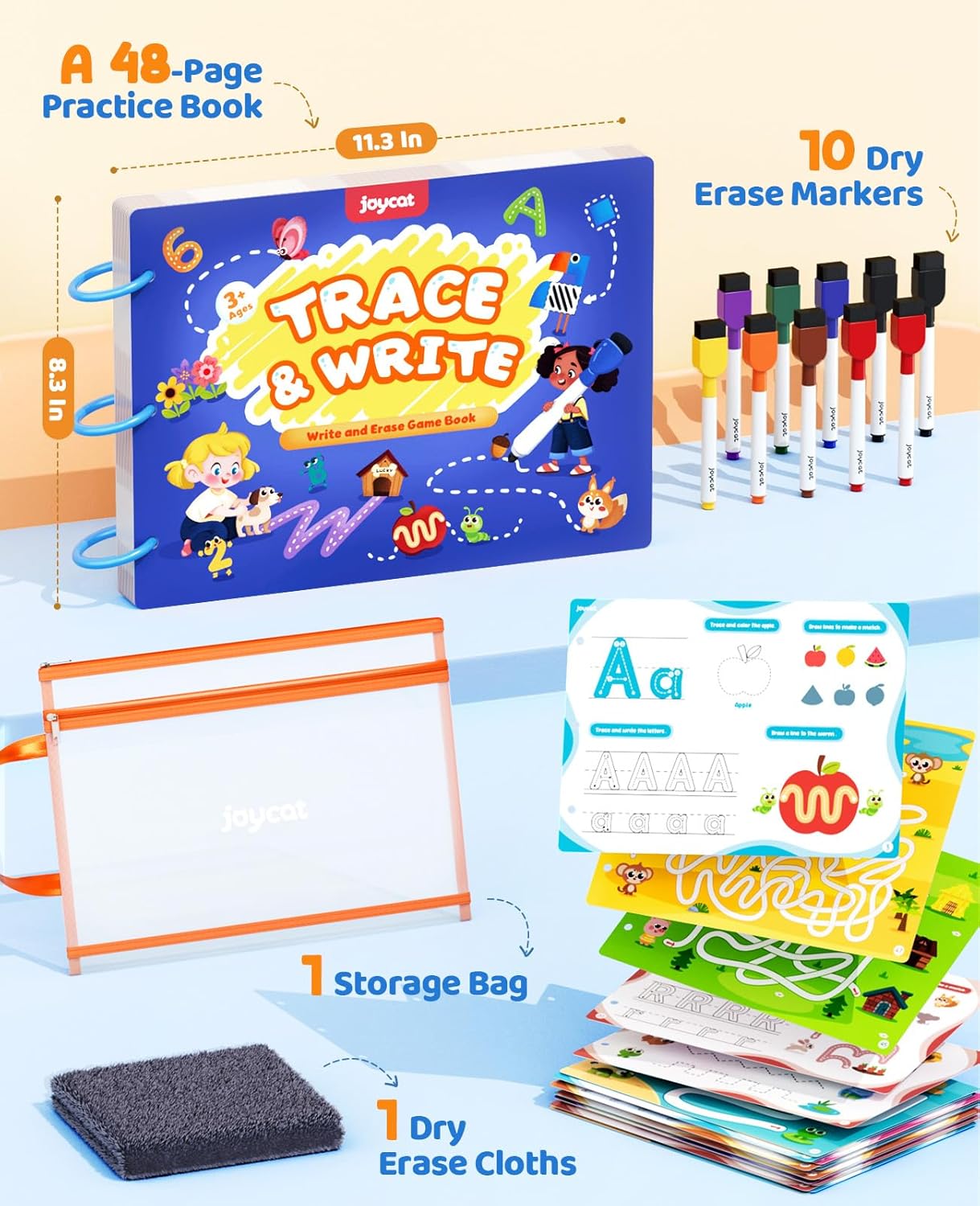 JoyCat Preschool Learning Activities 48 Reusable Pages, Handwriting Practice for Kids Toddlers, Tracing Letter Number Workbooks, Educational Autism Busy Book, Learning Gift Toys for 3 4 5 Year Olds