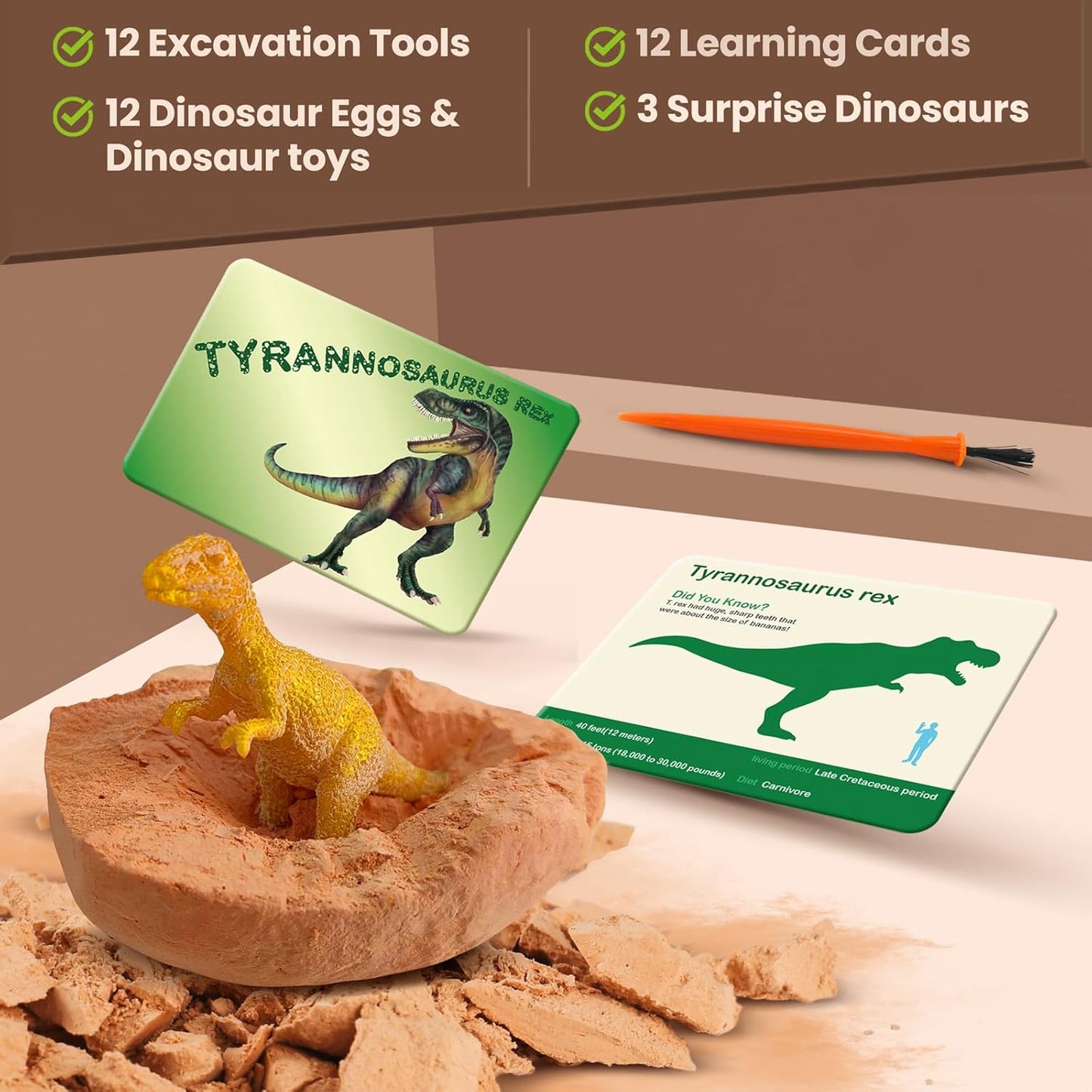Dino Eggs Excavation Dig Kit-12 Unique Dinosaur Eggs with Educational Learning Cards -Easter Eggs STEM Science Activities - Educational Toy Gift for Kids Boys Girls Age 3+