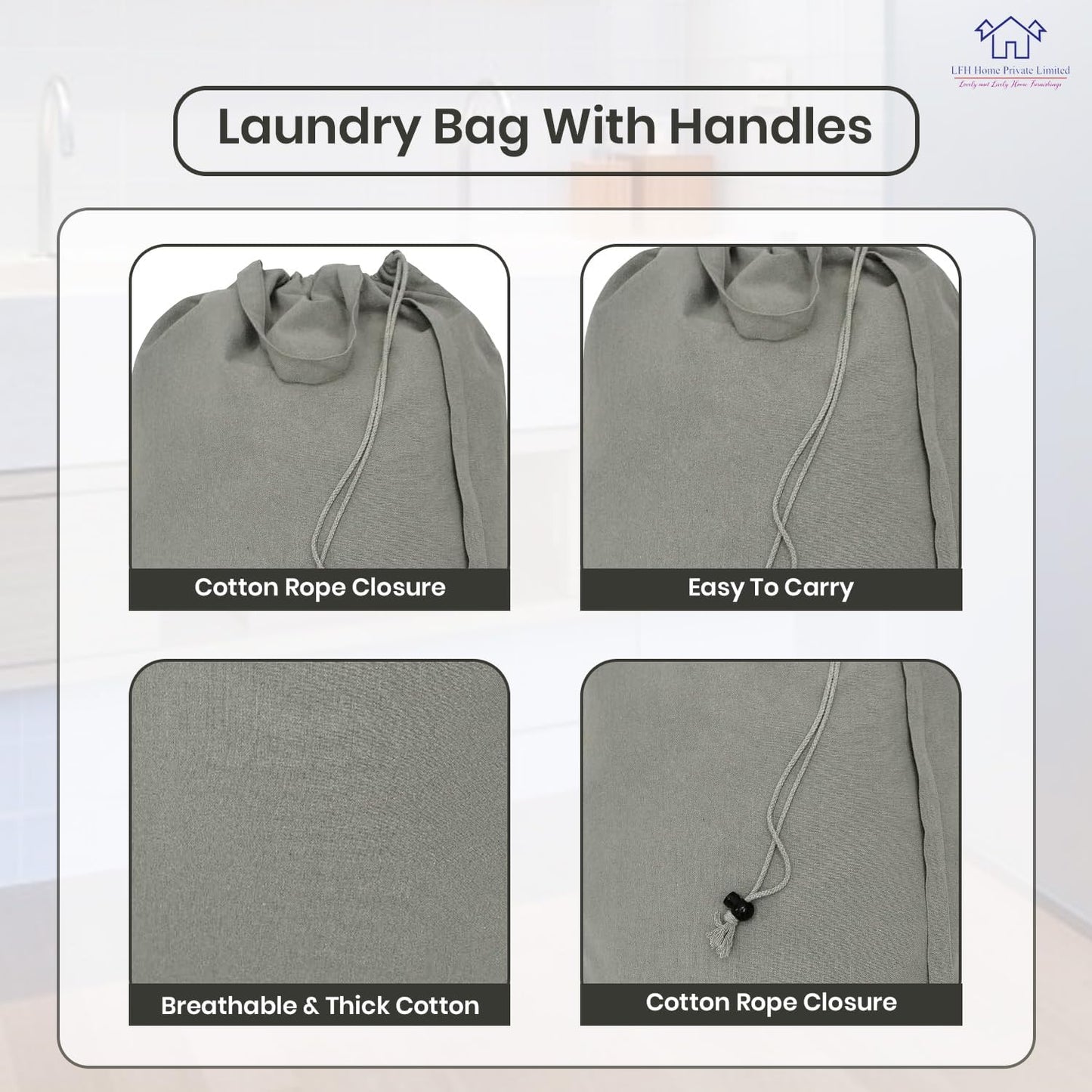 LFH Home Cotton Canvas Extra Large Laundry Bag with Handle, Heavy Duty Drawstring Closure Washable Laundry Bags, School Travel, Home, Hotel, College Dorm, Organizer Sack, Toys Clothes 28x40-Grey