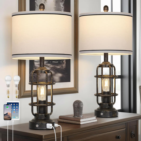 26" Vintage Industrial Table Lamps Set of 2, Farmhouse 3 Way Dimmable Touch Control LED Night Lights Table Lamp with USB A+C Ports & AC Outlet, Rustic Retro Beside Nightstand Lamp for Bedrooms Bronze