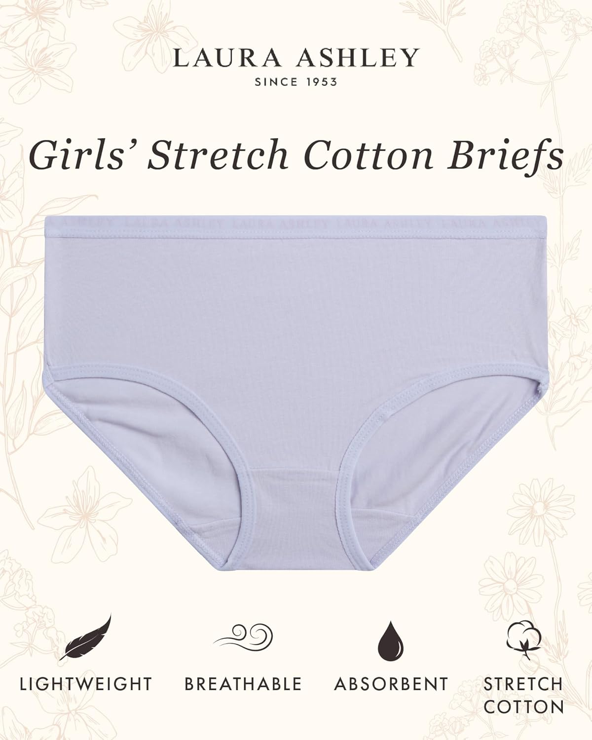 Laura Ashley Girls Underwear - 5 Pack Soft Stretch Breathable Panties for Girls - Lightweight Cotton Panties (Size: 4-12)