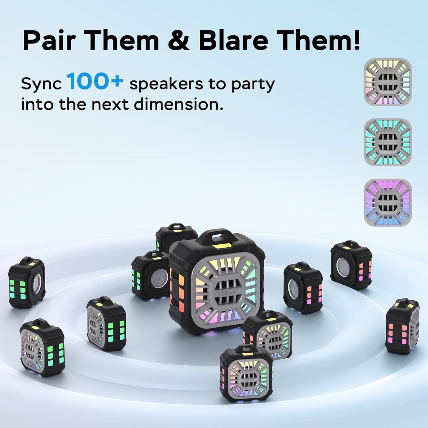 INSMY IP67 Waterproof Bluetooth Speaker, Shower Speaker Portable Small Clip-on, Multi Sync 100+ Speakers, Big Volume Booming Bass, 24H Playtime/Floatable/RGB Lights for Outdoor/Kayak/Beach (Black)