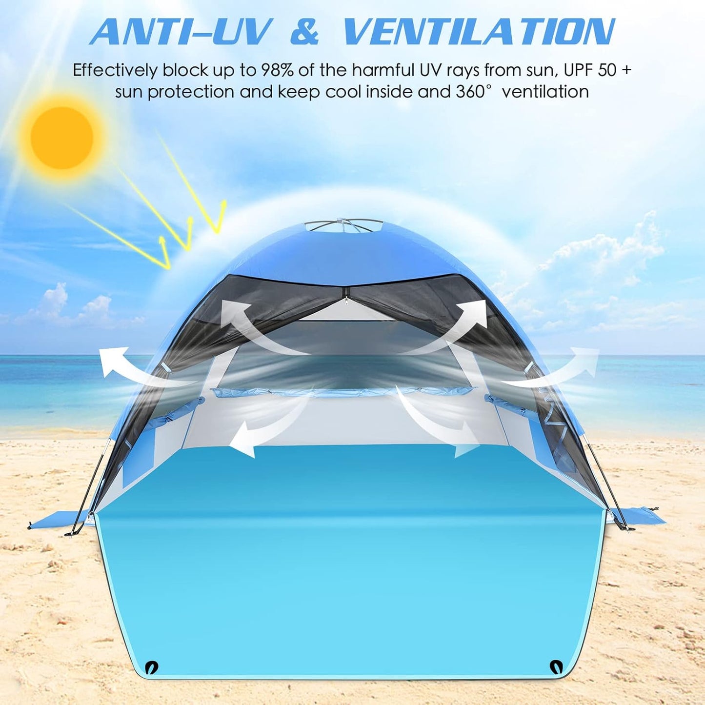 Large Easy Setup Beach Tent,Anti-UV Beach Shade Beach Canopy Tent Sun Shade with Extended Floor & 3 Mesh Roll Up Windows Fits 3-4 Person,Portable Shade Tent for Outdoor Camping Fishing