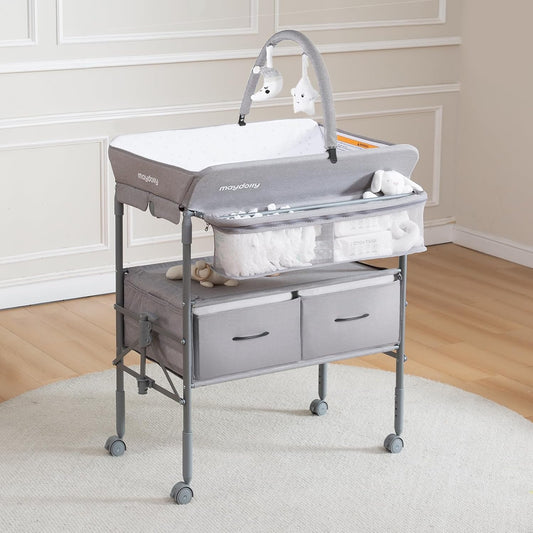 Maydolly Baby Changing Table, Portable Folding Changing Table with Wheels, Waterproof and Adjustable Height, Premium Diaper Changing Station with Two Drawers, Mobile Nursery for Newborn (Grey)