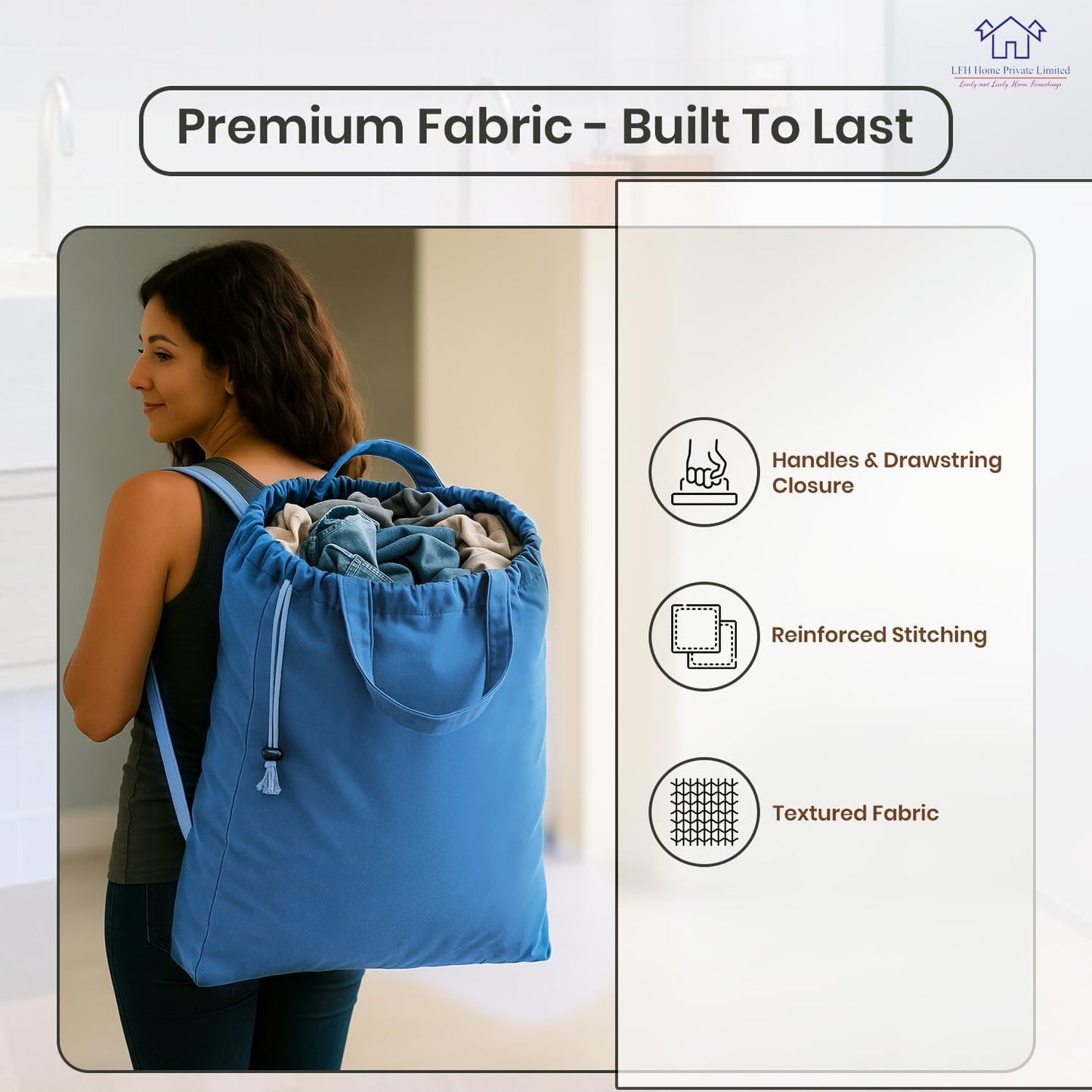 LFH Home Cotton Canvas Large Laundry Bag with Handle, Heavy Duty Drawstring Closure Washable Laundry Bags, School Travel, Home, Hotel, College Dorm, Organizer Sack, Toys Clothes 28x40-Sky Blue