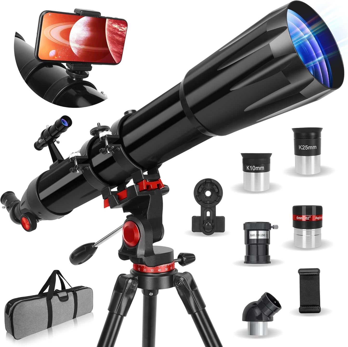 Telescope,Telescope for Adults High Powered, 90mm Aperture 900mm Professional Refractor Telescopes for Kids & Beginners, Magnification 450X,for Planet Observation with Stainless Tripod & Phone Adapter
