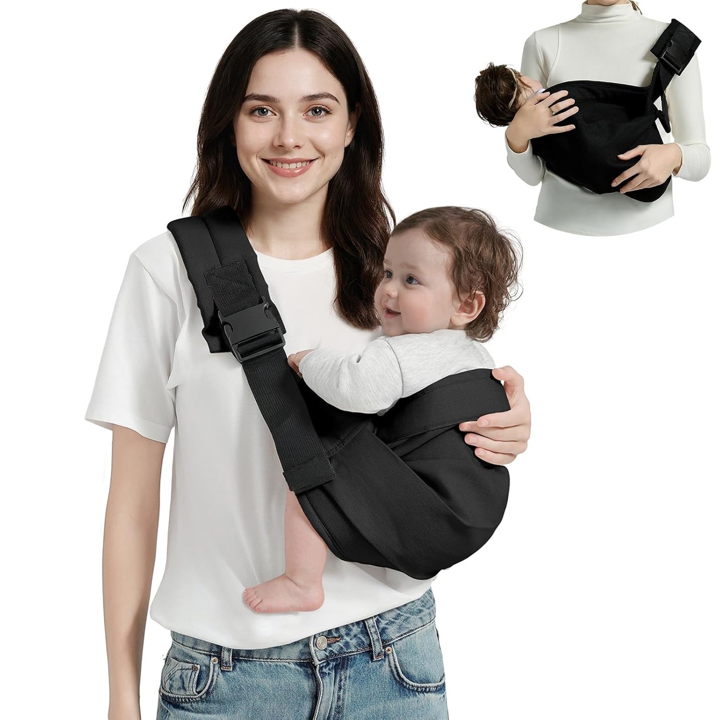 Baby Sling Carrier, Toddler Carrier Sling with Double Safety Buckle and Adjustable Shoulder Strap(7-30lbs), Baby Carriers One Size Fits All, Black