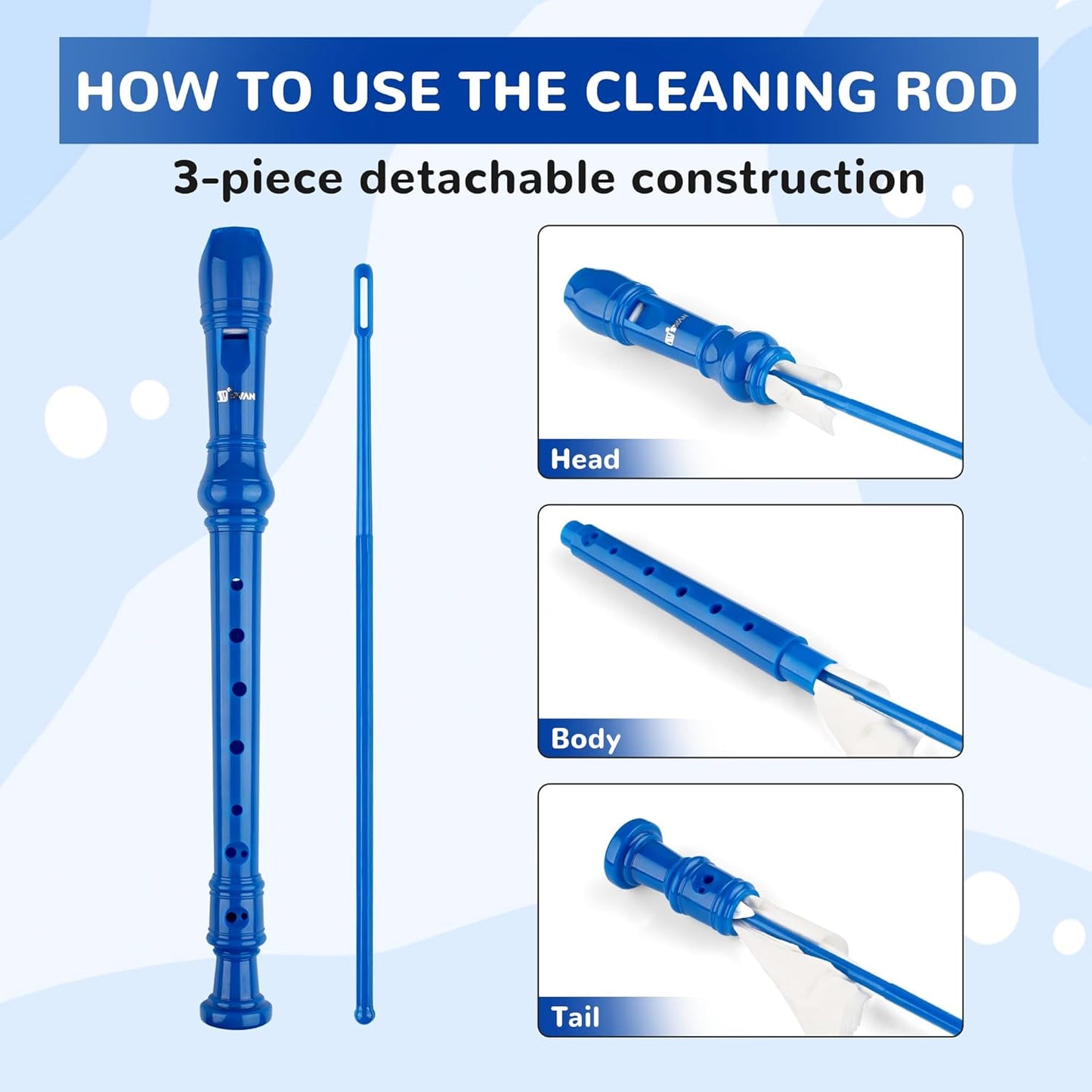 SWAN Soprano Recorder Instrument for Beginners Student - German Fingering 8 Hole Flute Detachable 3pcs Descant Recorder with Cleaning Rod and Fingering Chart for Kids over 6 Years Old, Royalblue