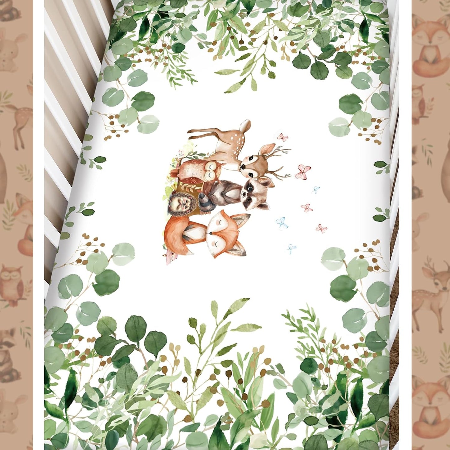 3 Pcs Baby Crib Bedding Set Safari Animals Dinosaurs Bear Woodland Animals Jungle Crib Set Includes Quilt, Fitted Sheet, Skirt for Baby Boy Girl(Green,Woodland Raccoons Deer Etc.)